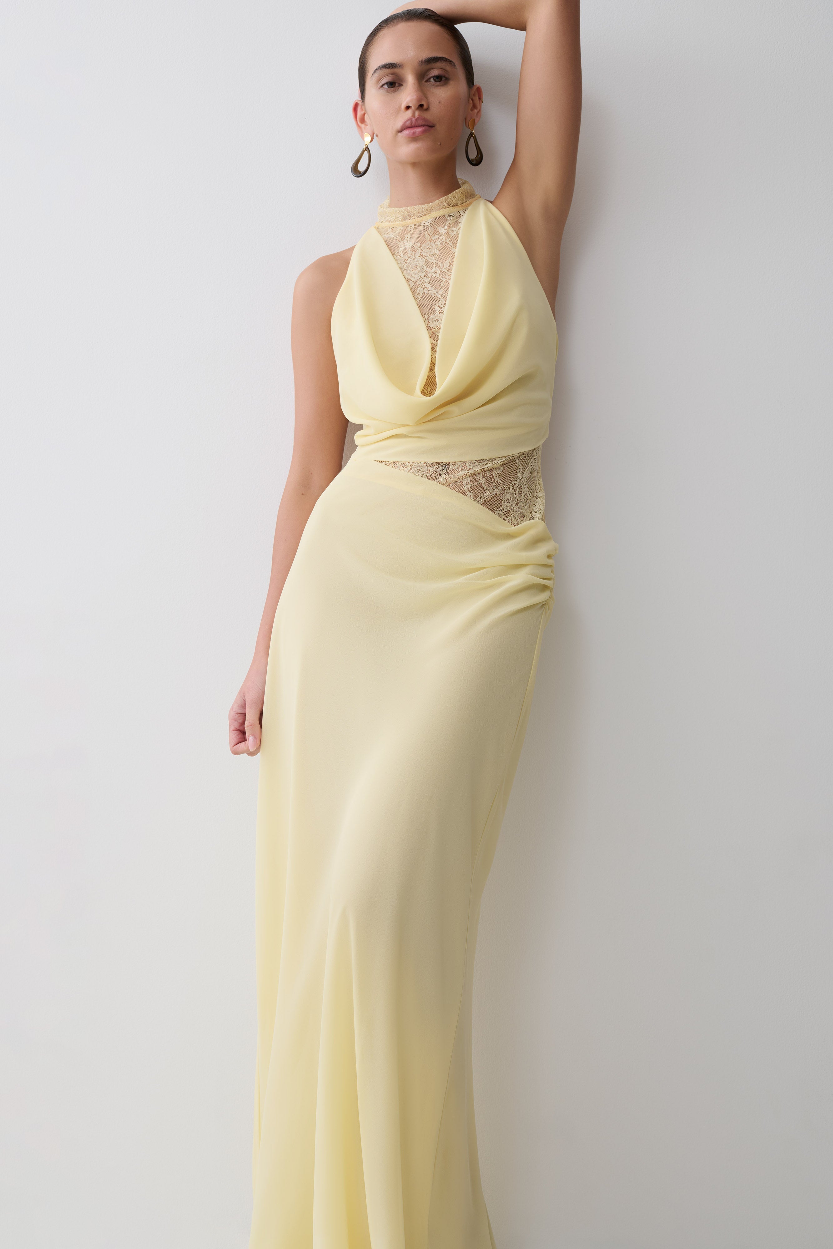 Chiffon And Lace Halter Maxi Dress - Lemon