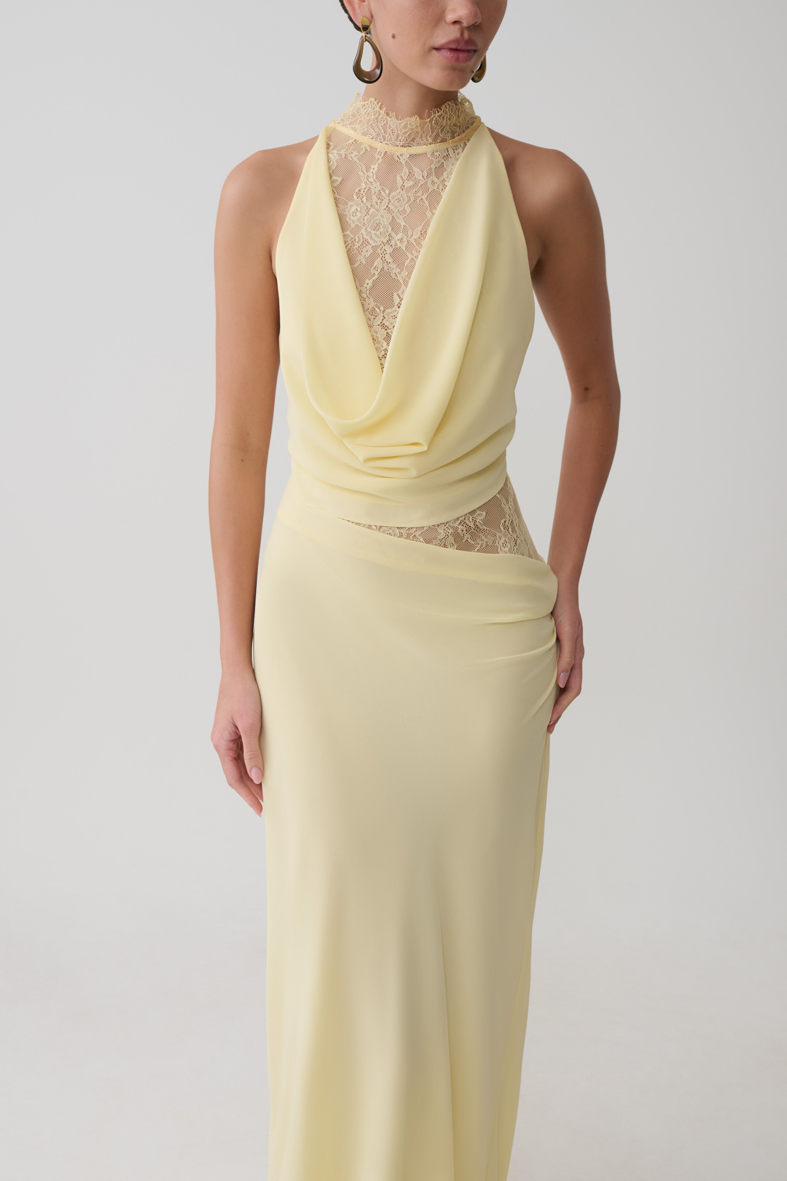 Chiffon And Lace Halter Maxi Dress - Lemon