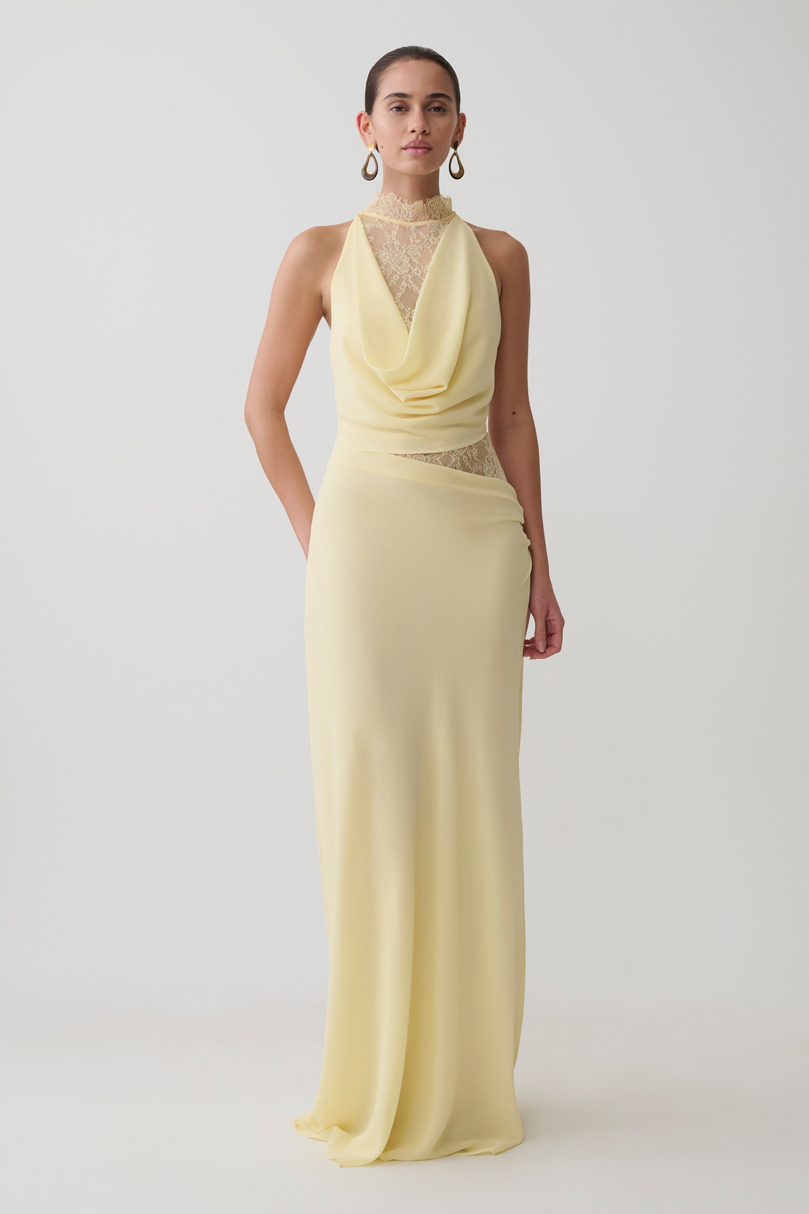 Chiffon And Lace Halter Maxi Dress - Lemon