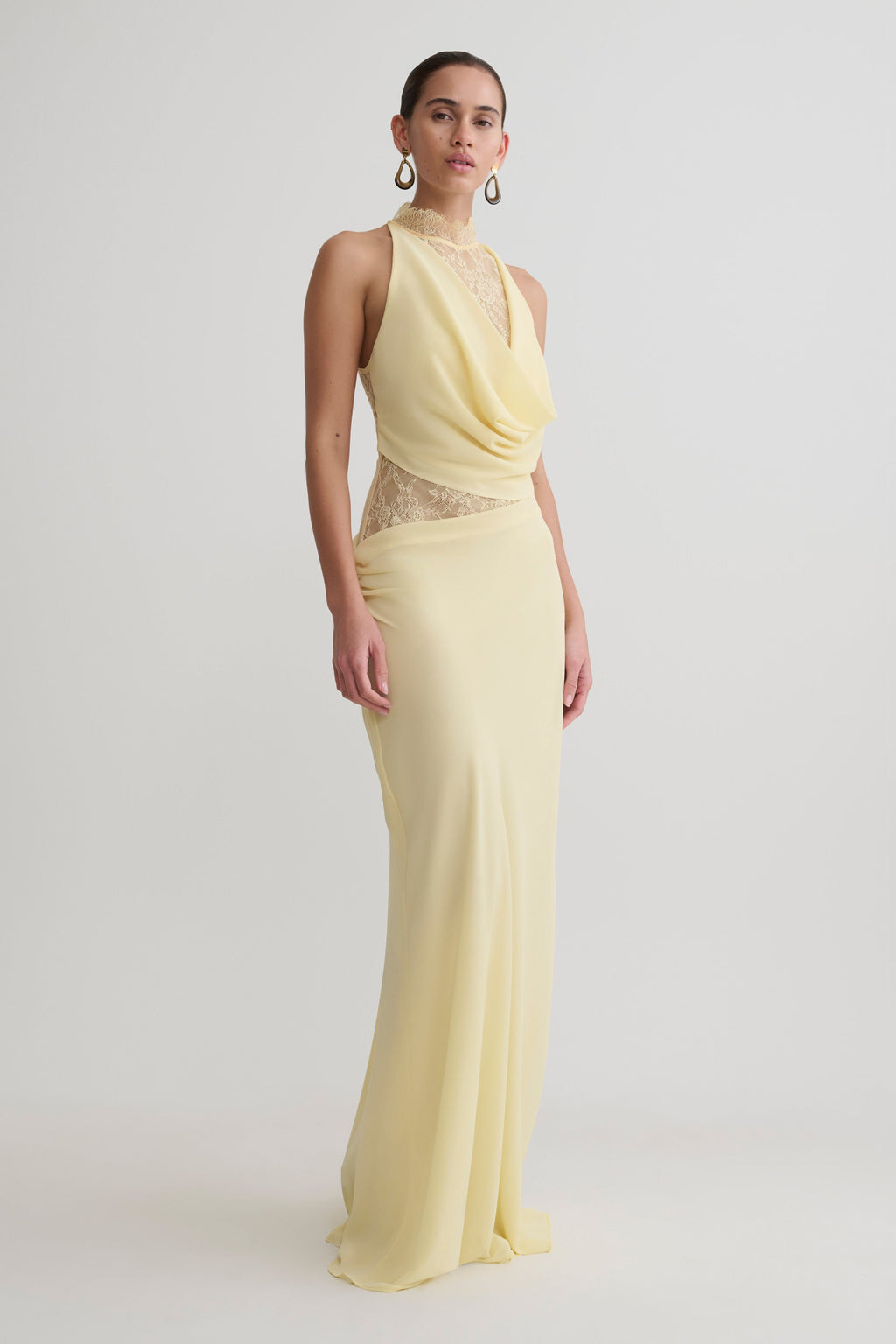 Chiffon And Lace Halter Maxi Dress - Lemon