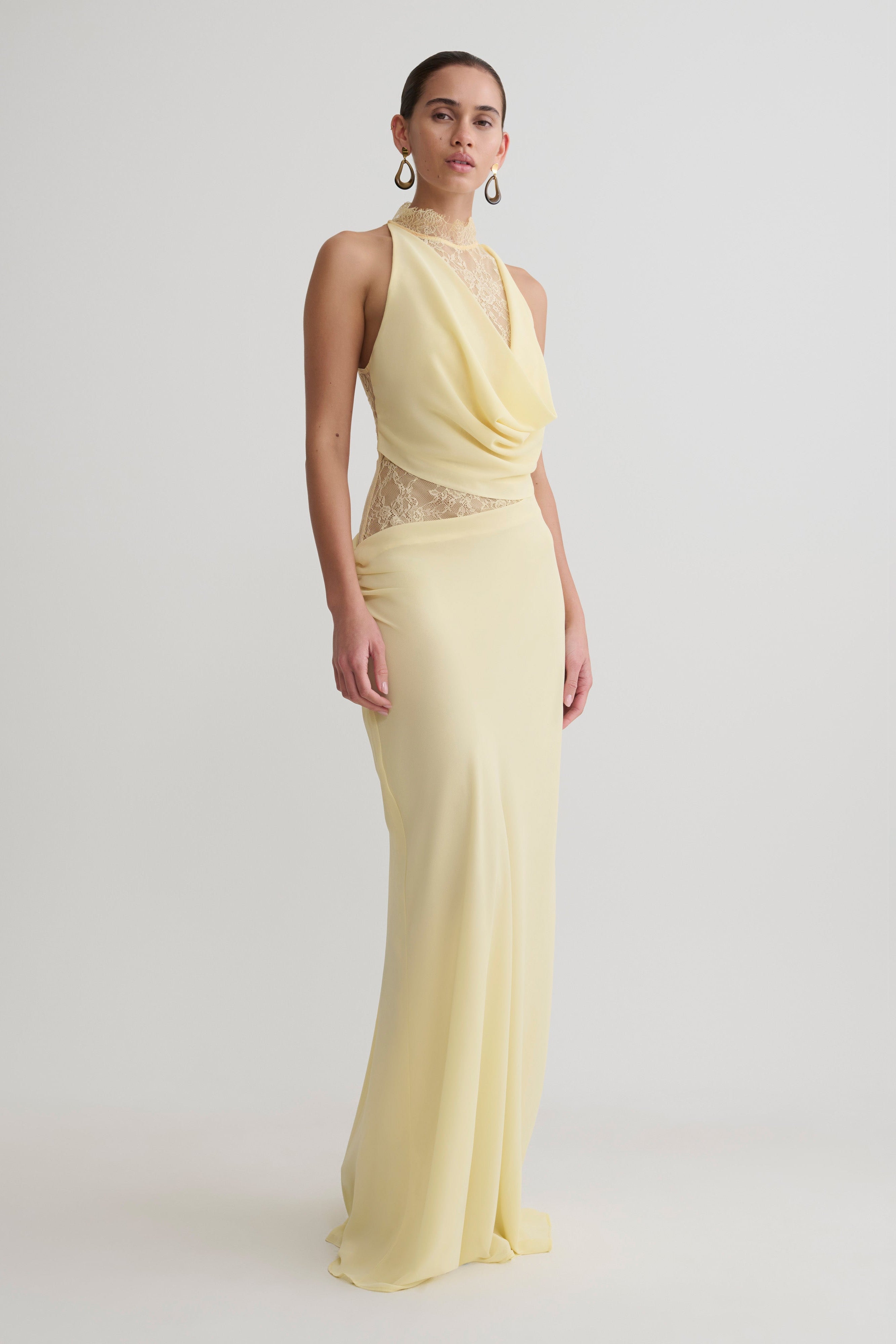 Chiffon And Lace Halter Maxi Dress - Lemon