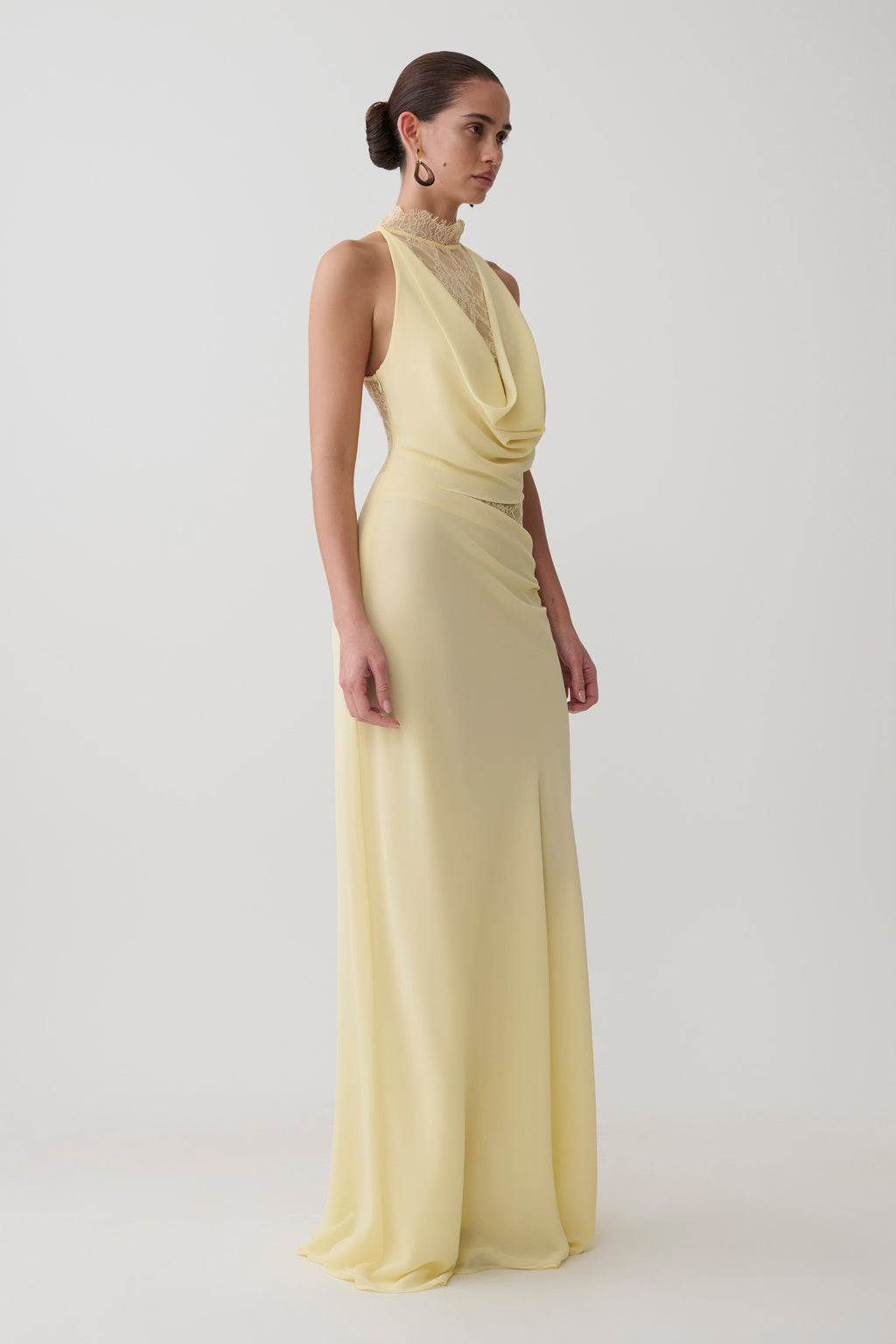 Chiffon And Lace Halter Maxi Dress - Lemon