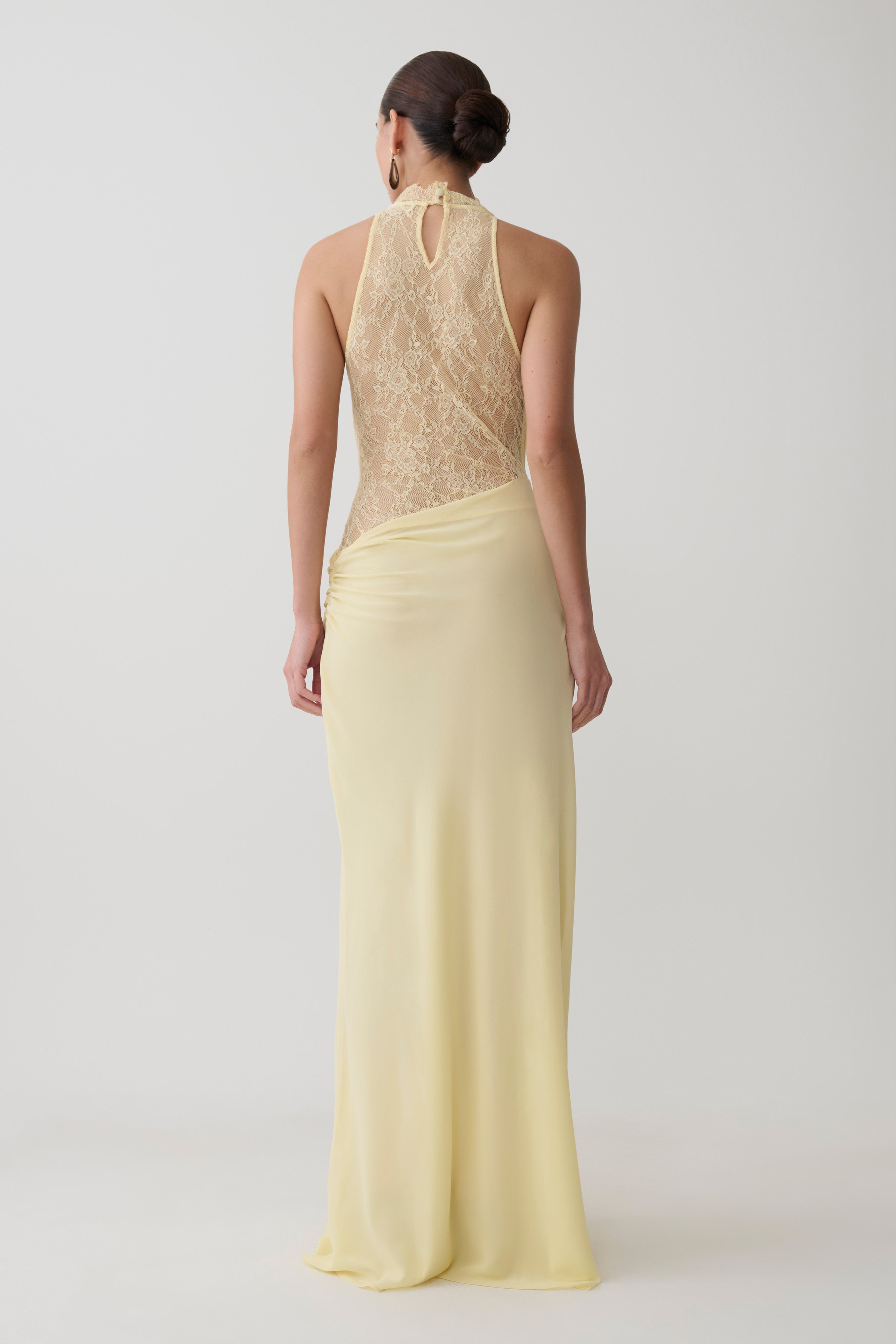 Chiffon And Lace Halter Maxi Dress - Lemon