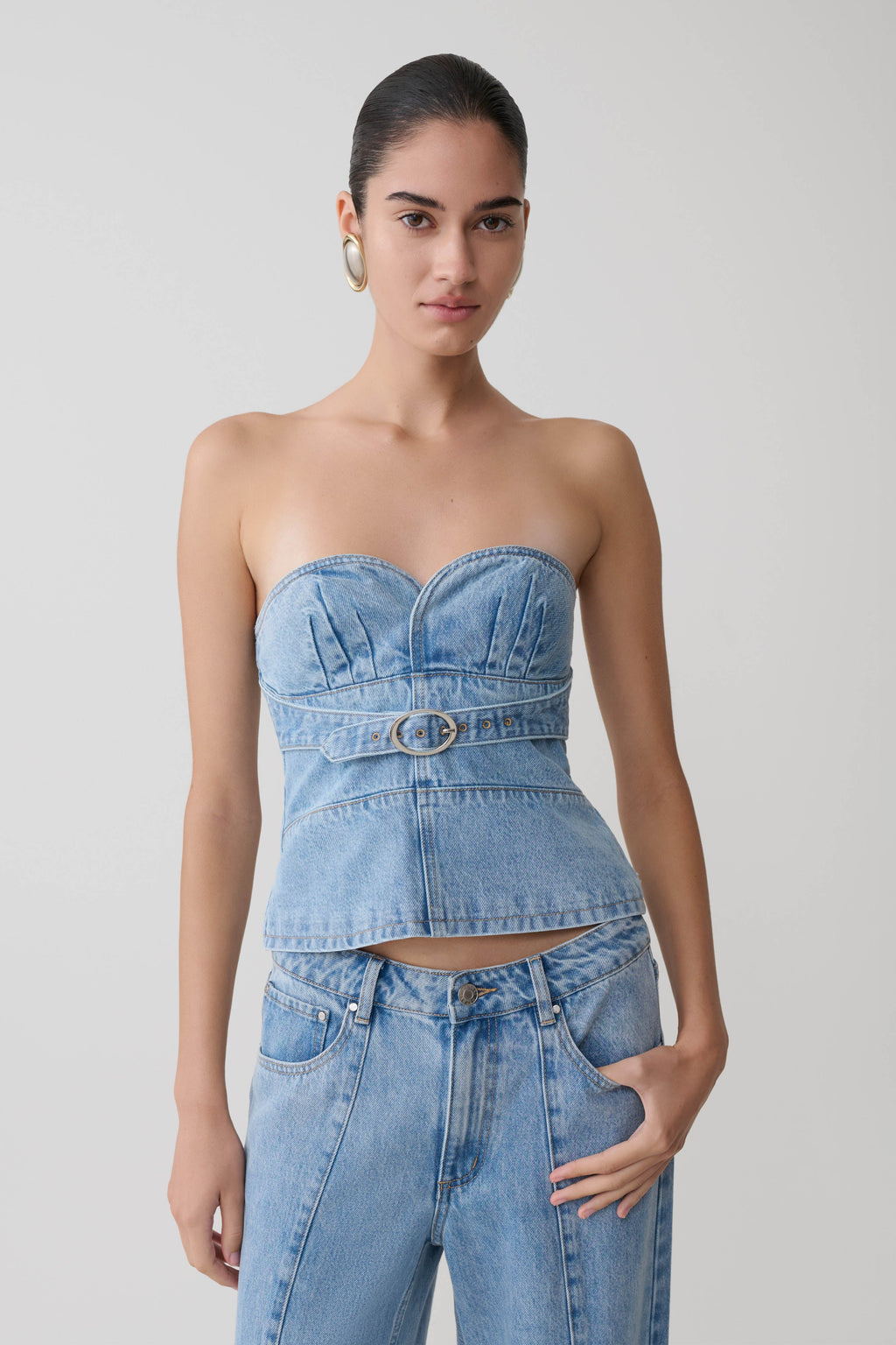 Strapless Denim Top With Buckle - Classic Blue