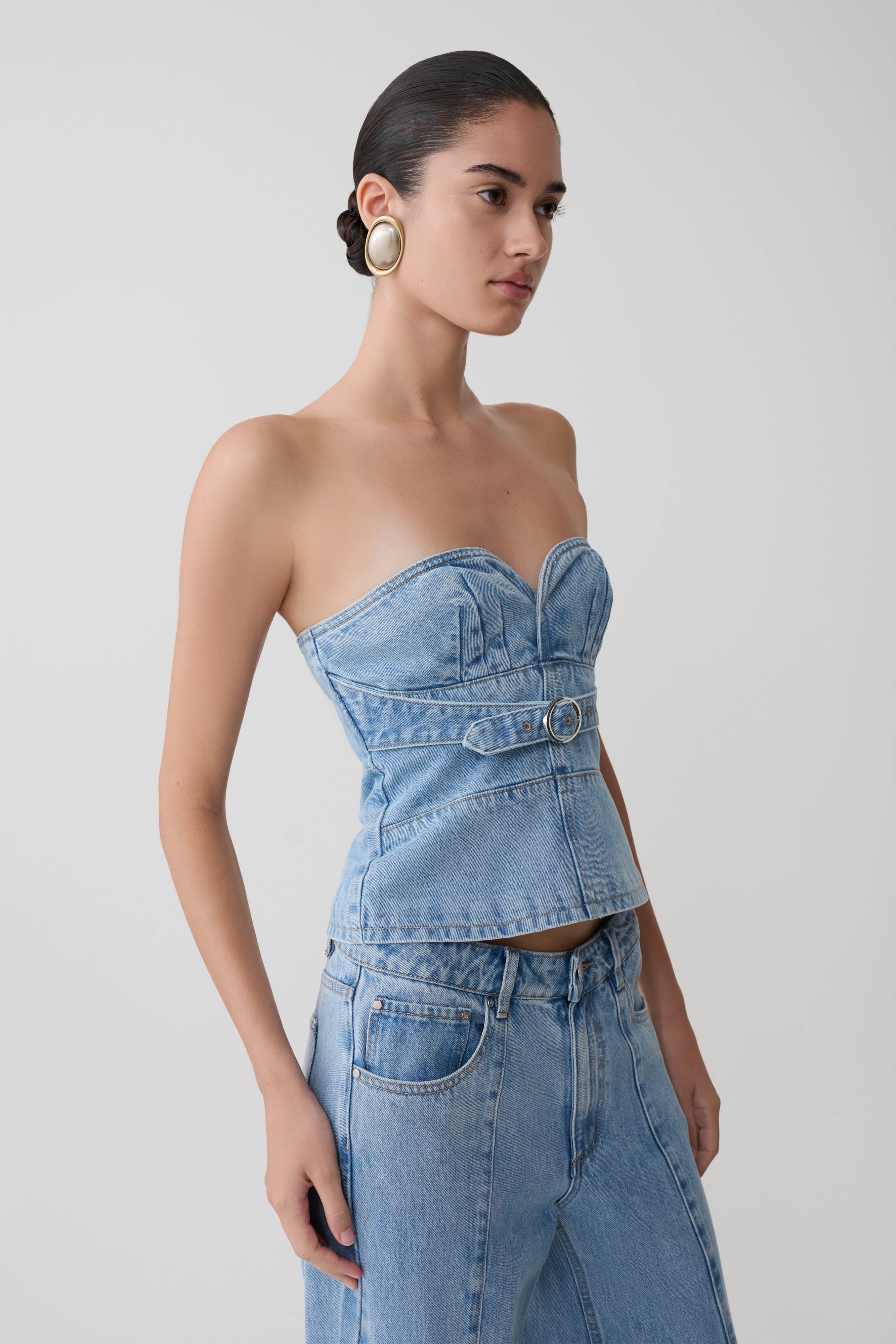 Strapless Denim Top With Buckle - Classic Blue