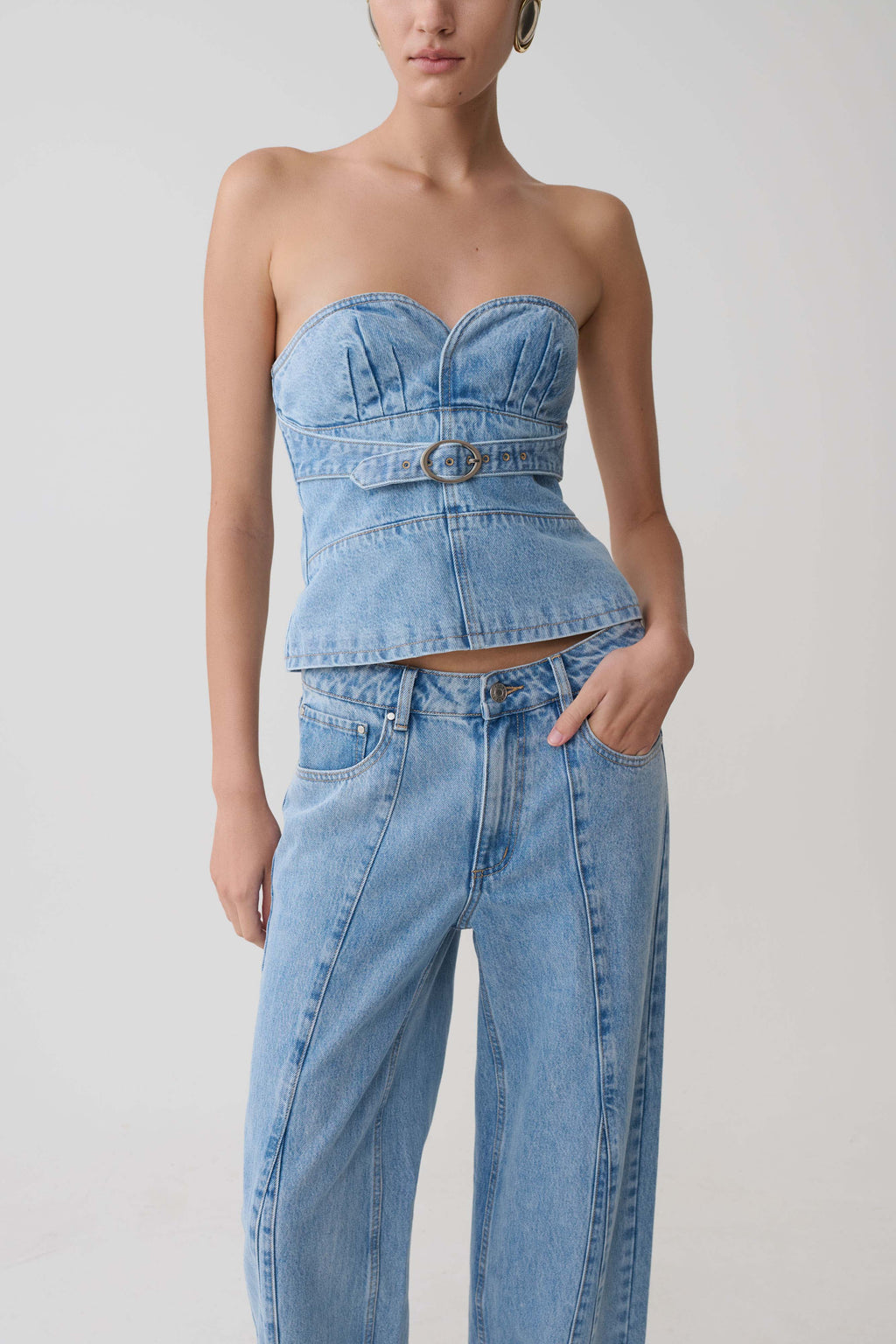 Strapless Denim Top With Buckle - Classic Blue