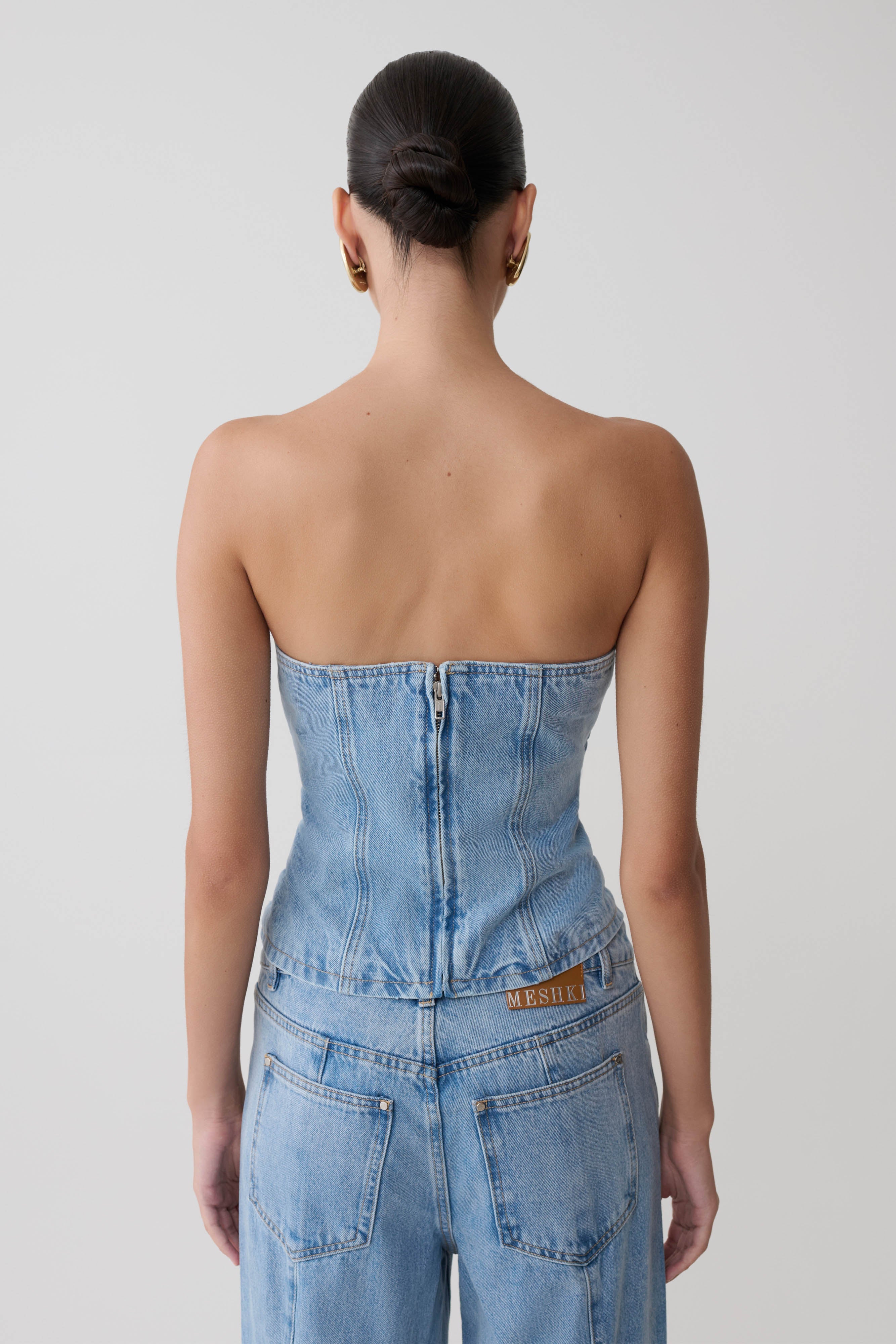 Strapless Denim Top With Buckle - Classic Blue