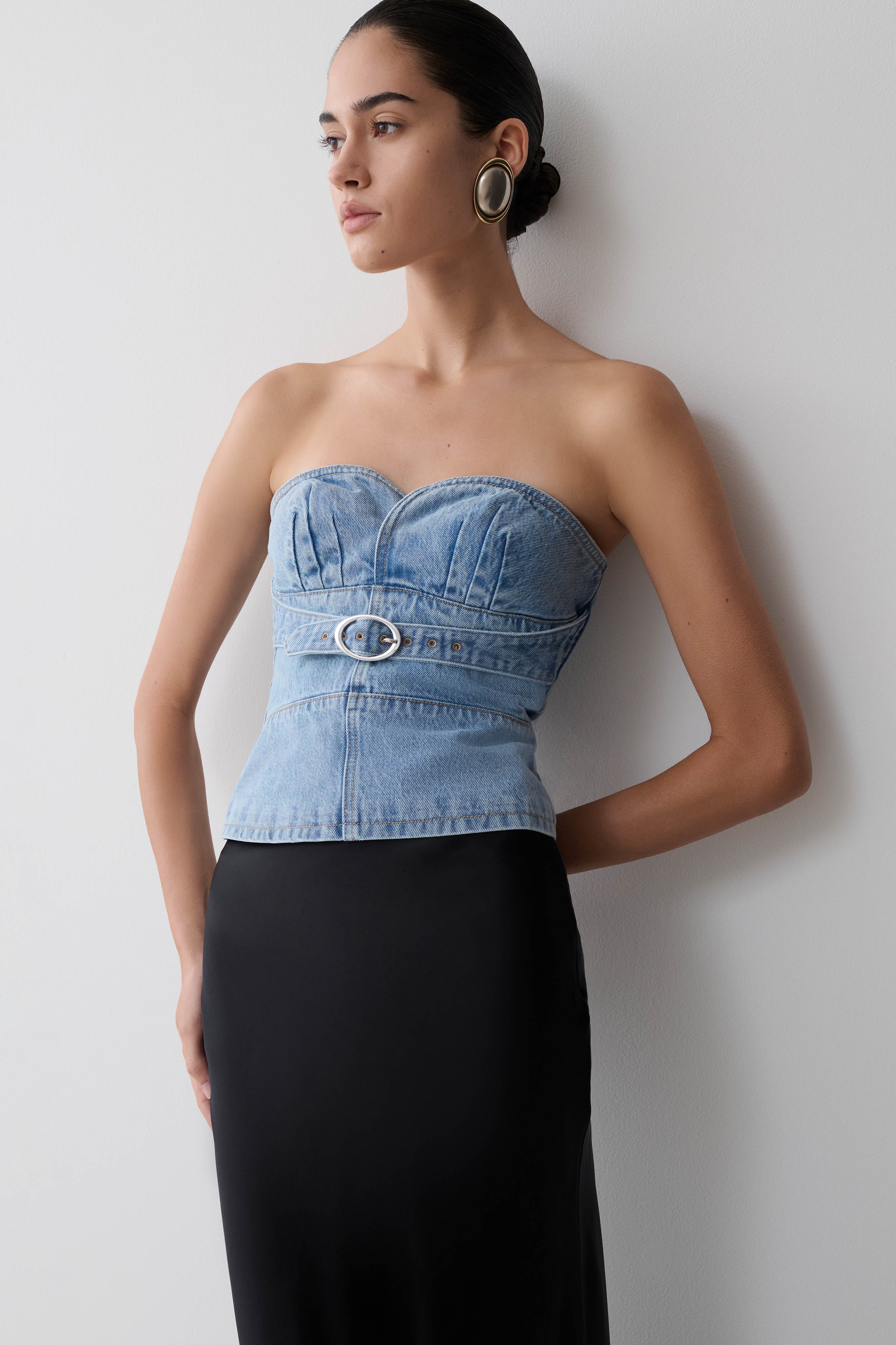 Strapless Denim Top With Buckle - Classic Blue