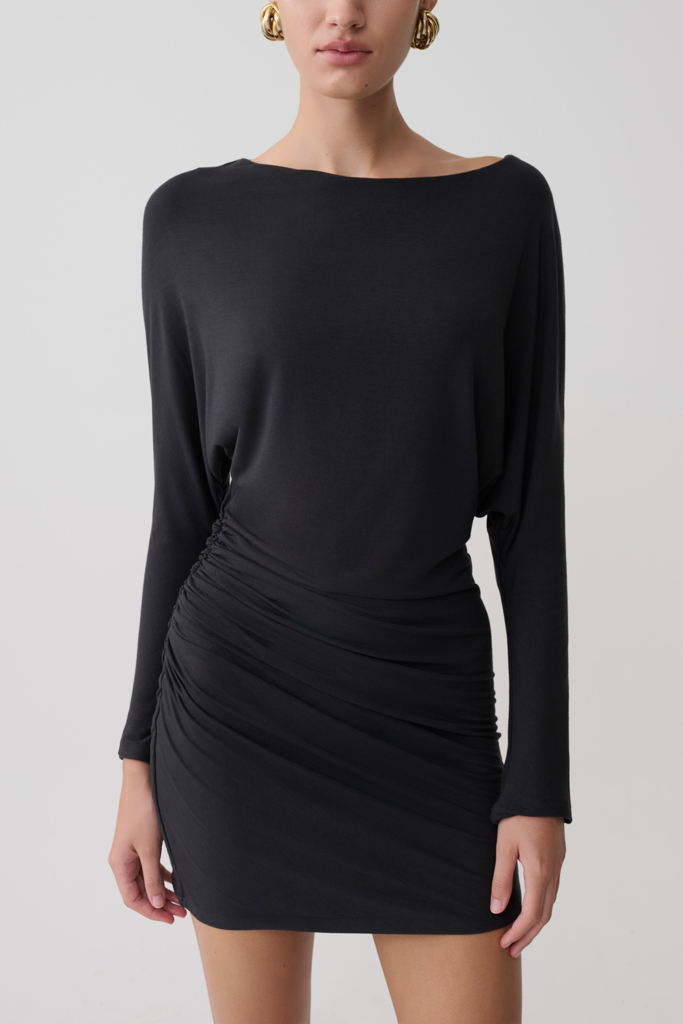 Long Sleeve Gathered Mini Dress - Dark Charcoal