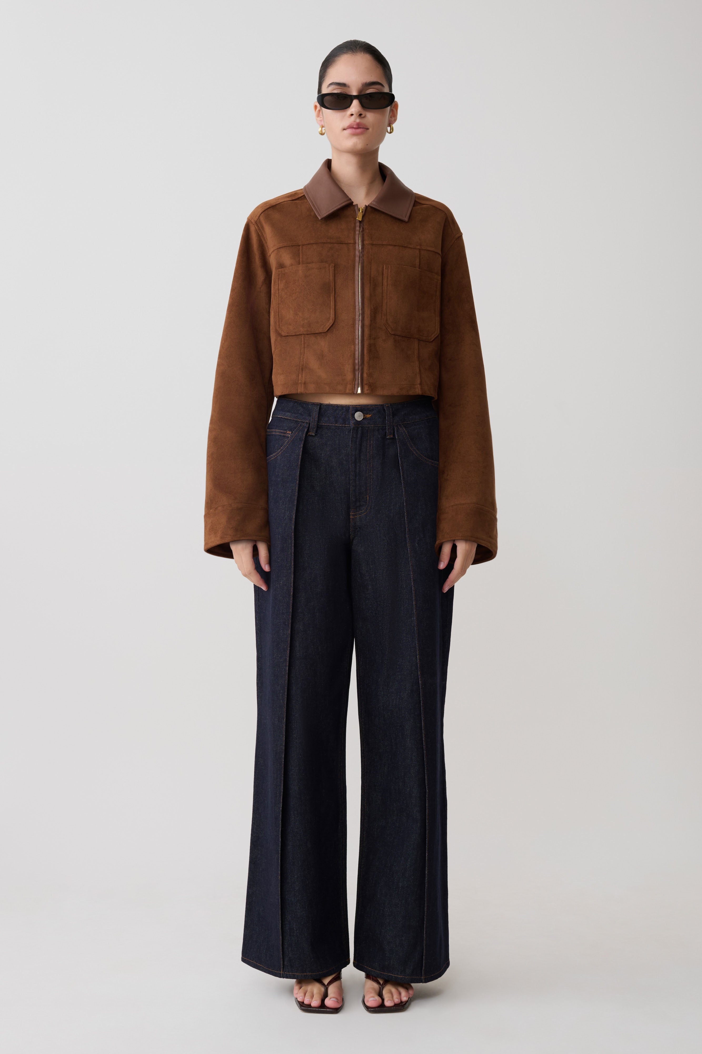 Faux Suede & Leather Collared Jacket - Tan