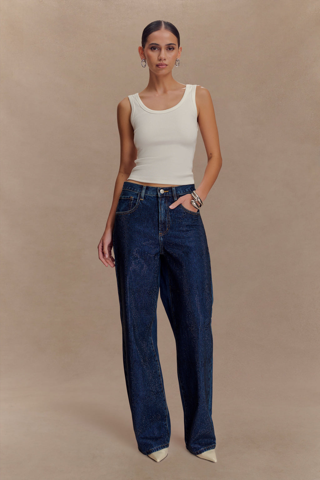 Mid Rise Diamante Denim Jeans - Midnight Blue