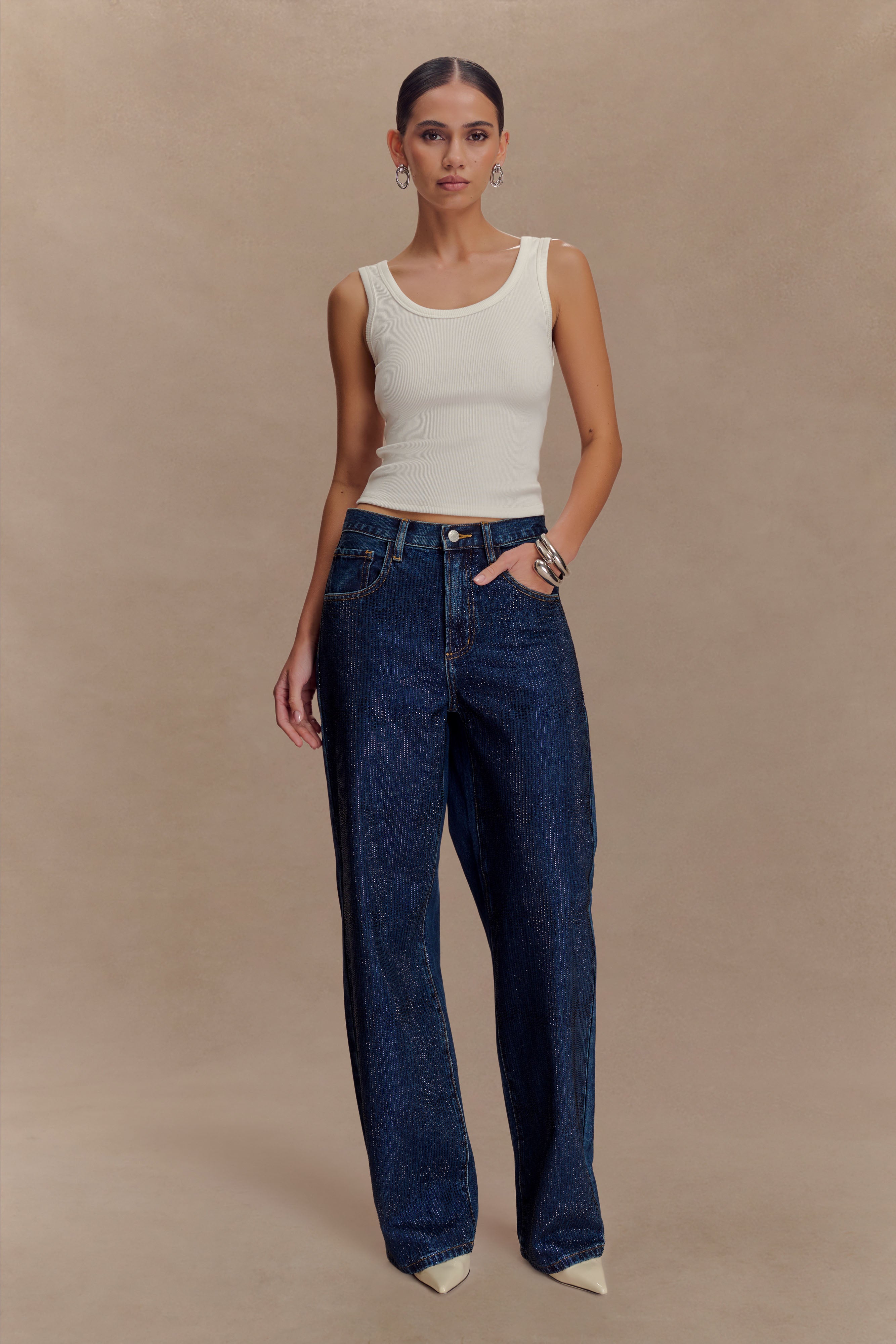 Mid Rise Diamante Denim Jeans - Midnight Blue