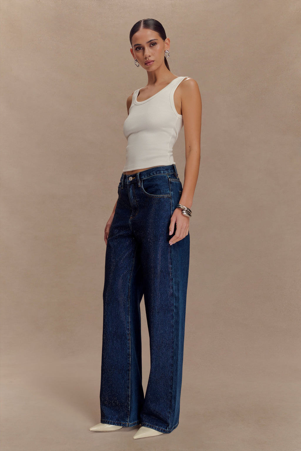 Mid Rise Diamante Denim Jeans - Midnight Blue