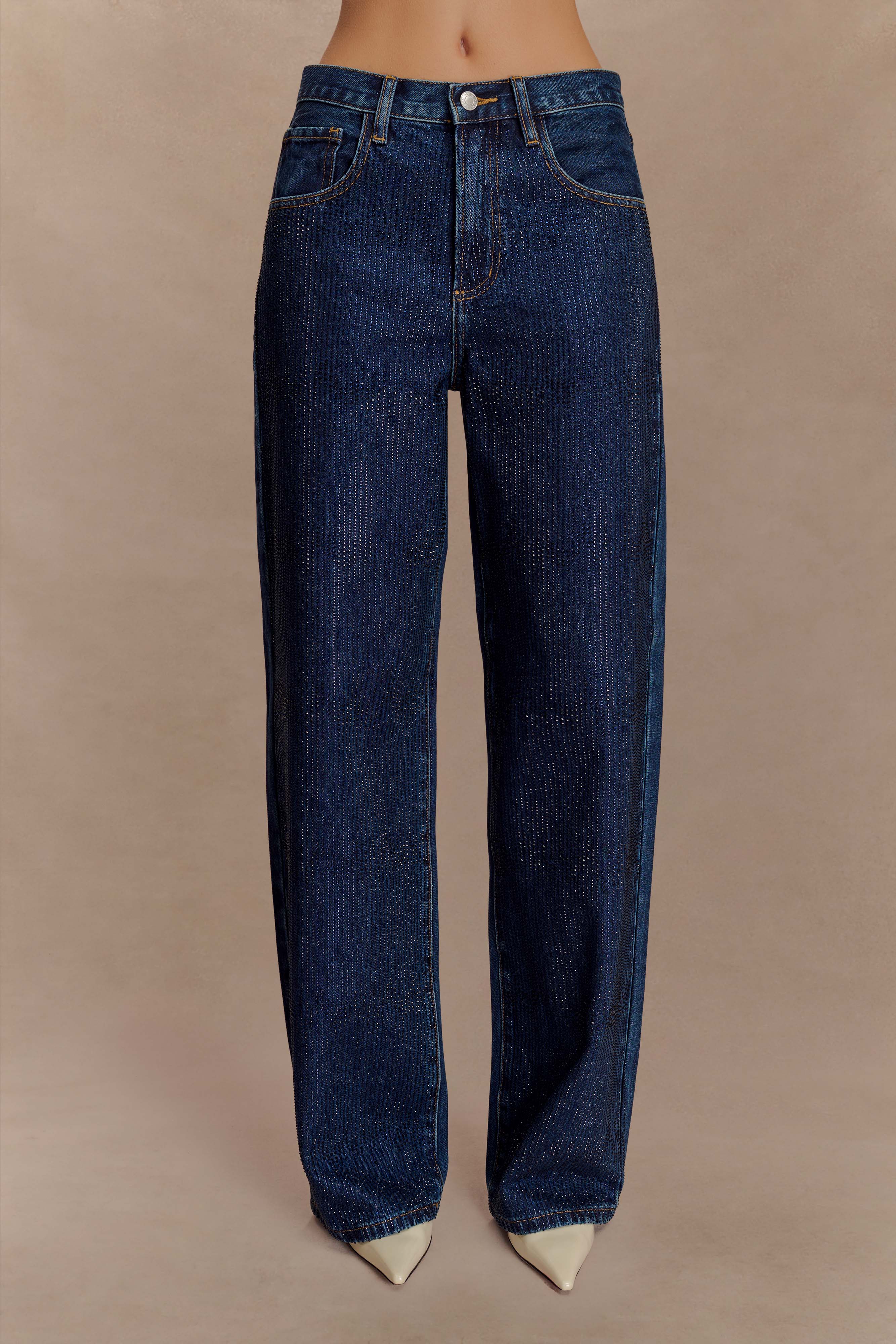 Mid Rise Diamante Denim Jeans - Midnight Blue
