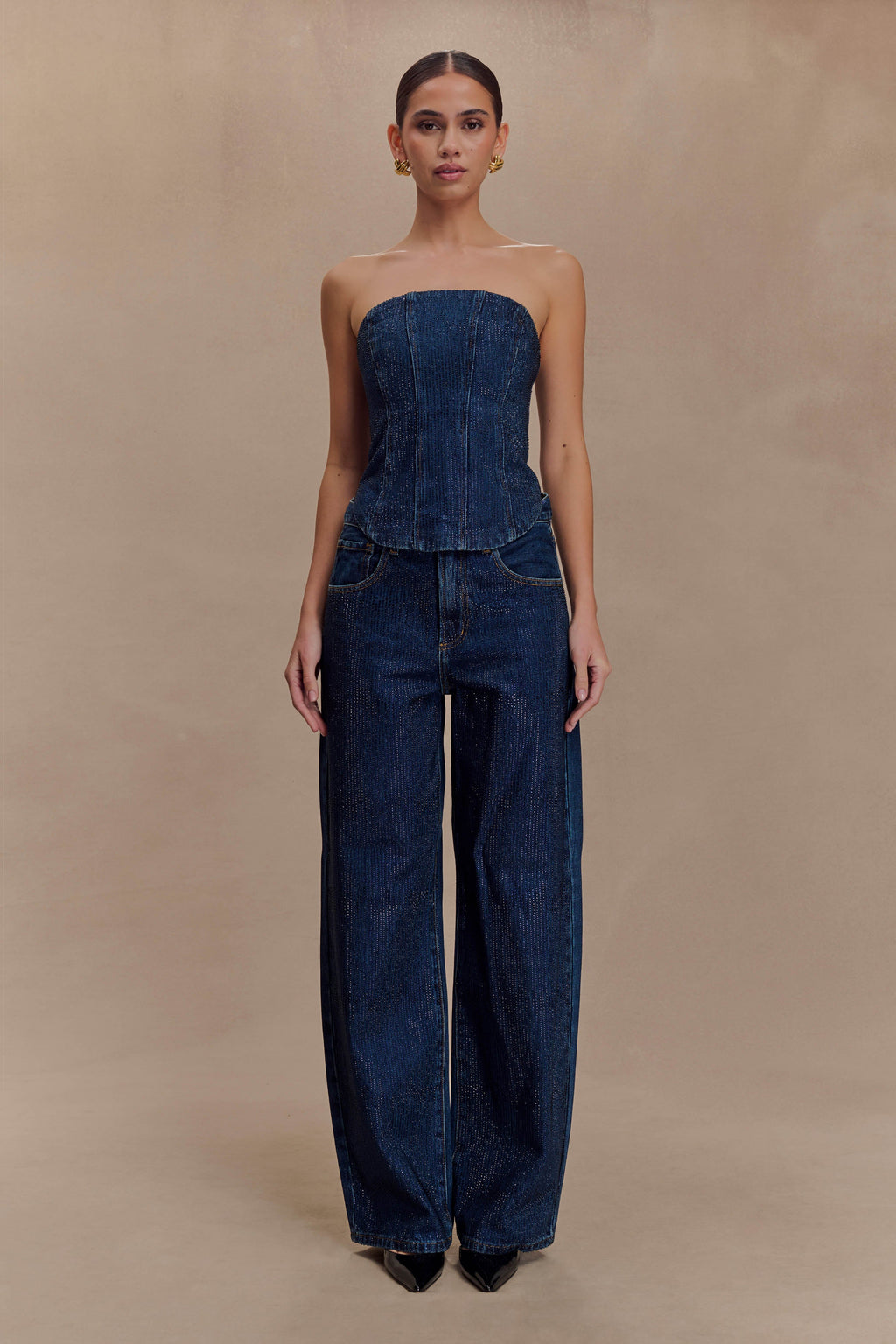 Strapless Diamante Denim Corset - Midnight Blue