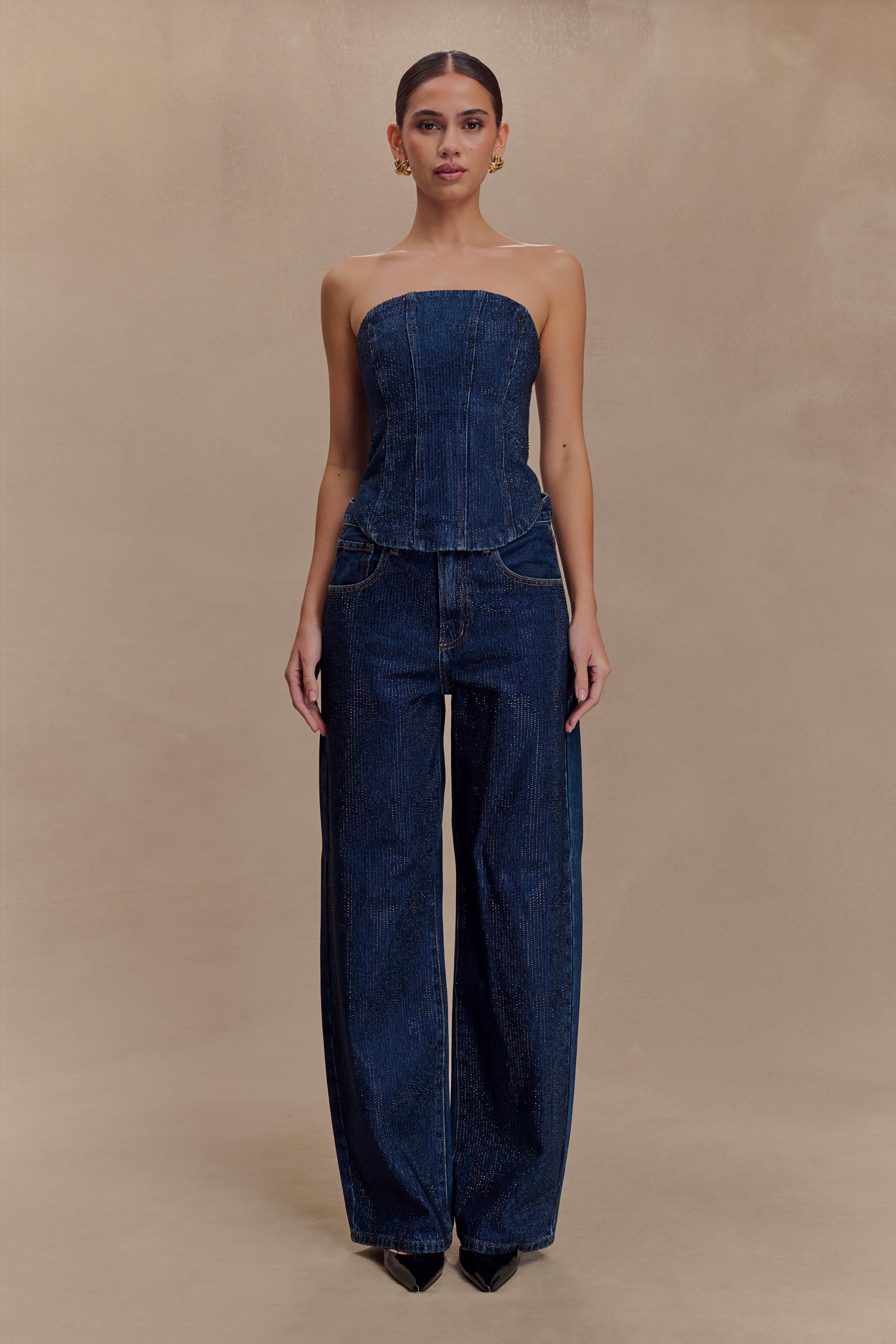Strapless Diamante Denim Corset - Midnight Blue