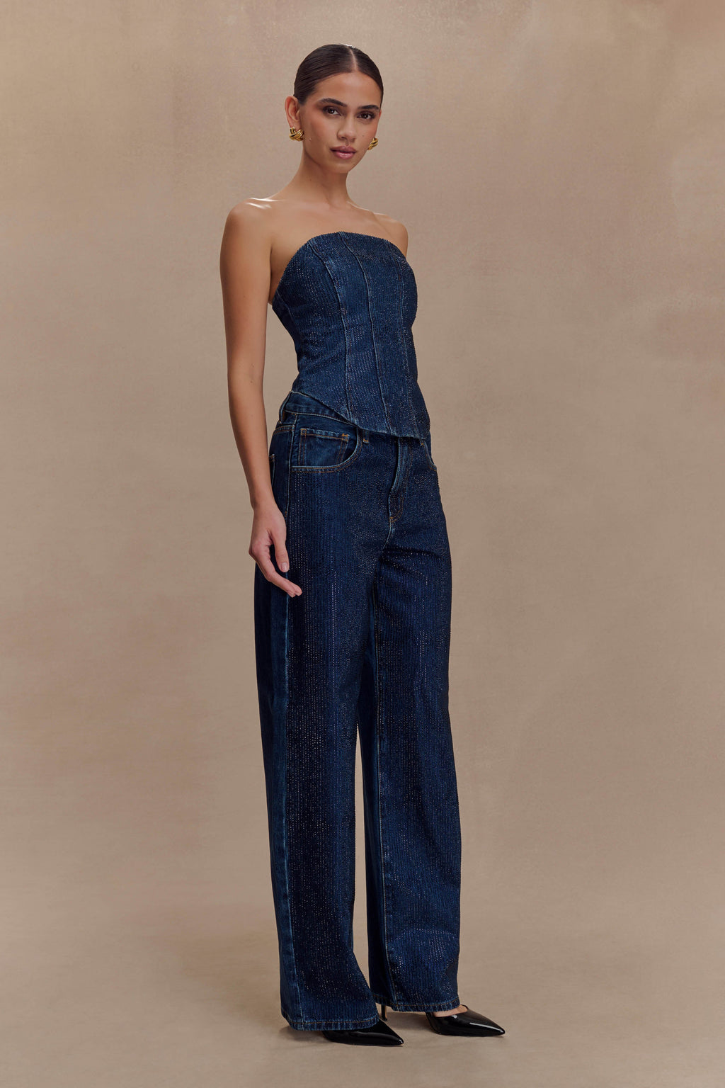Mid Rise Diamante Denim Jeans - Midnight Blue