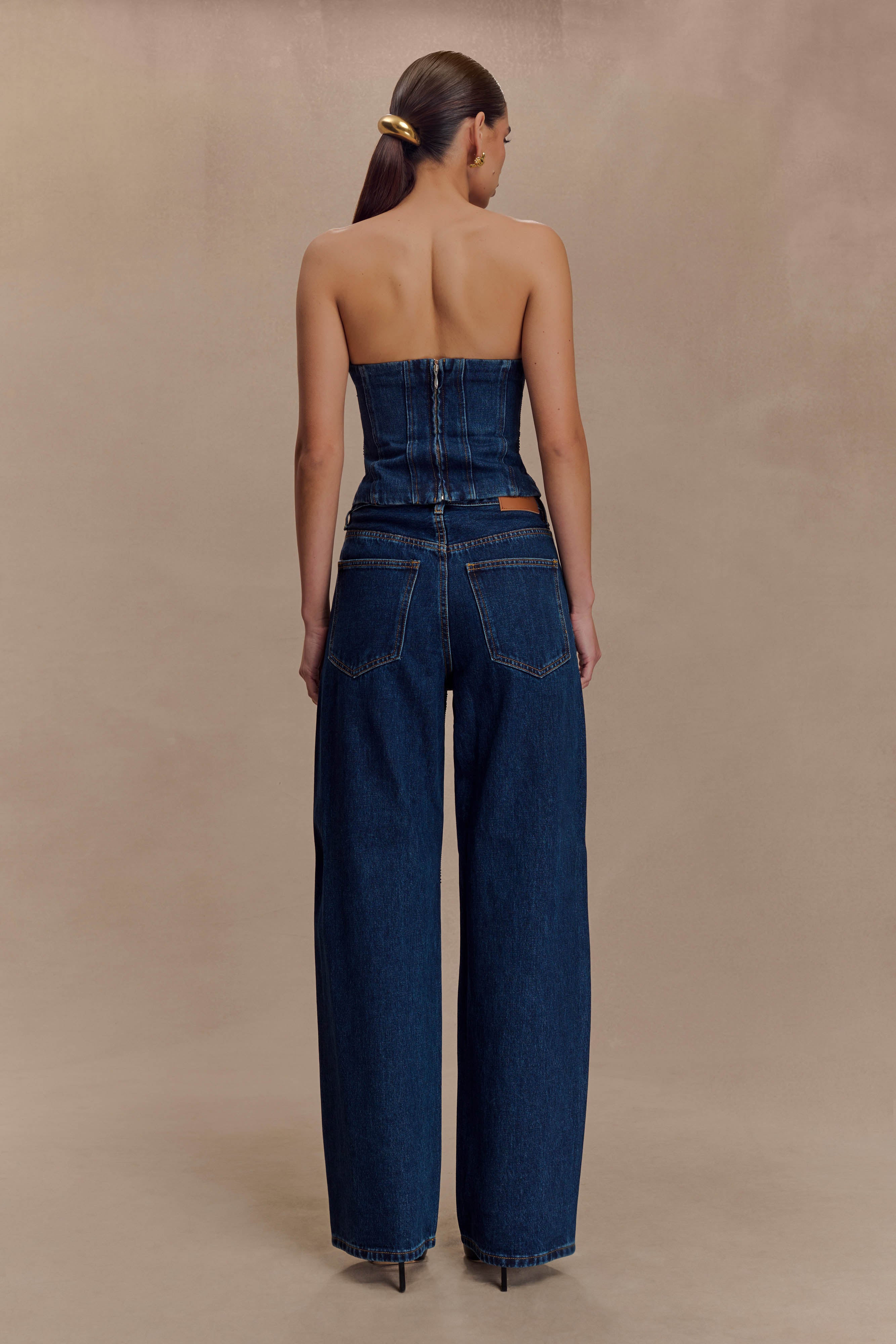 Mid Rise Diamante Denim Jeans - Midnight Blue