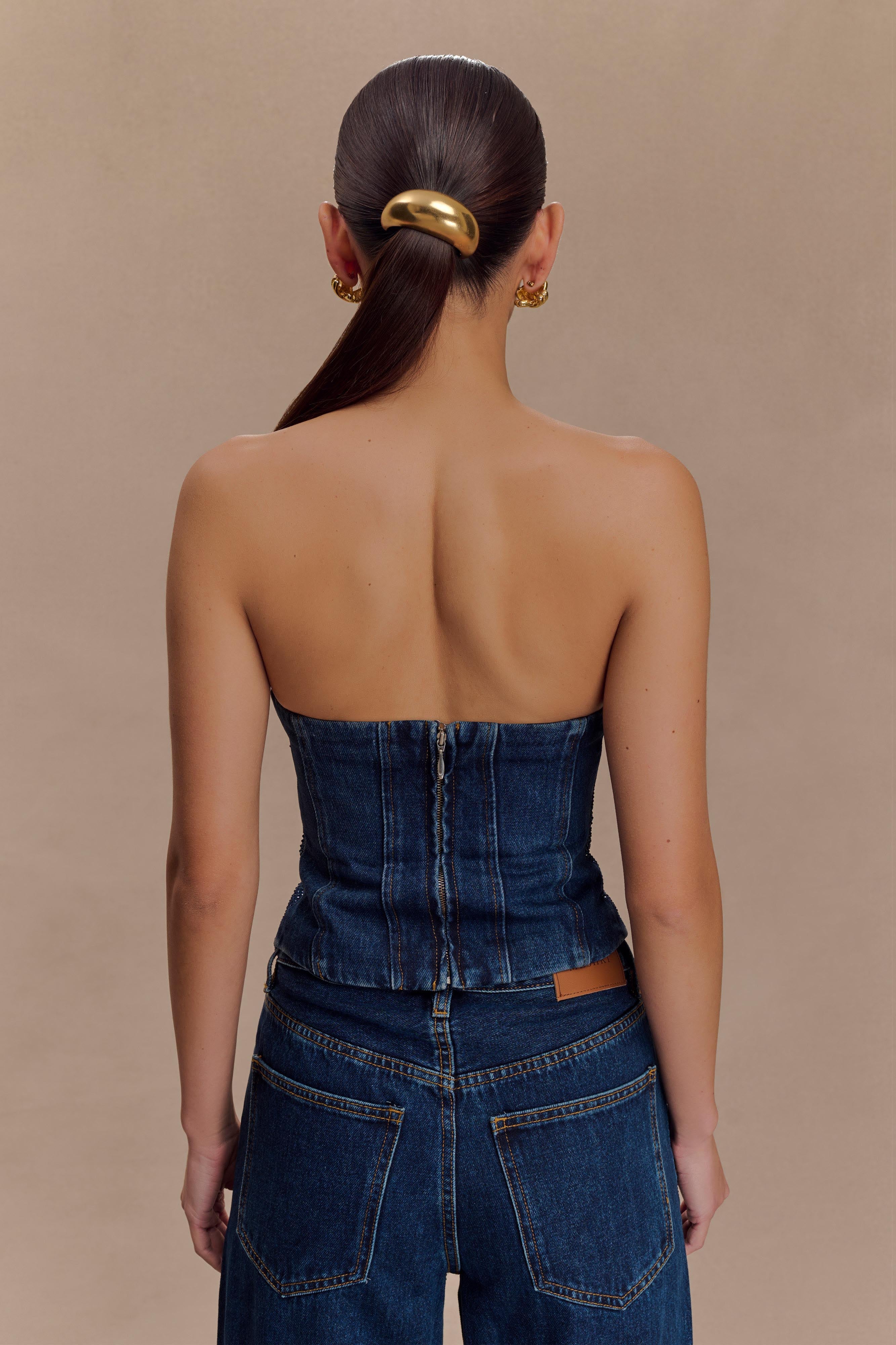 Strapless Diamante Denim Corset - Midnight Blue