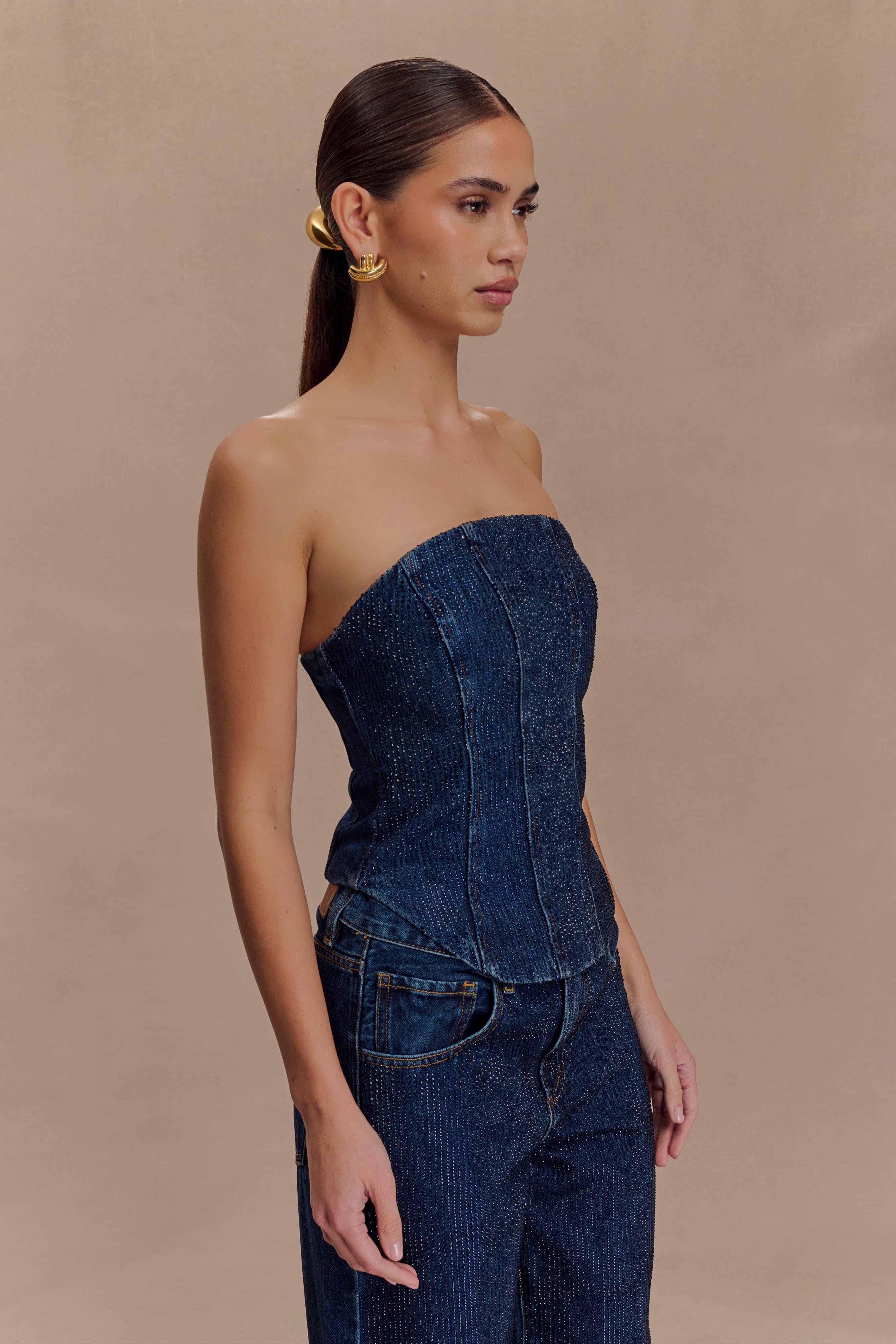 Strapless Diamante Denim Corset - Midnight Blue