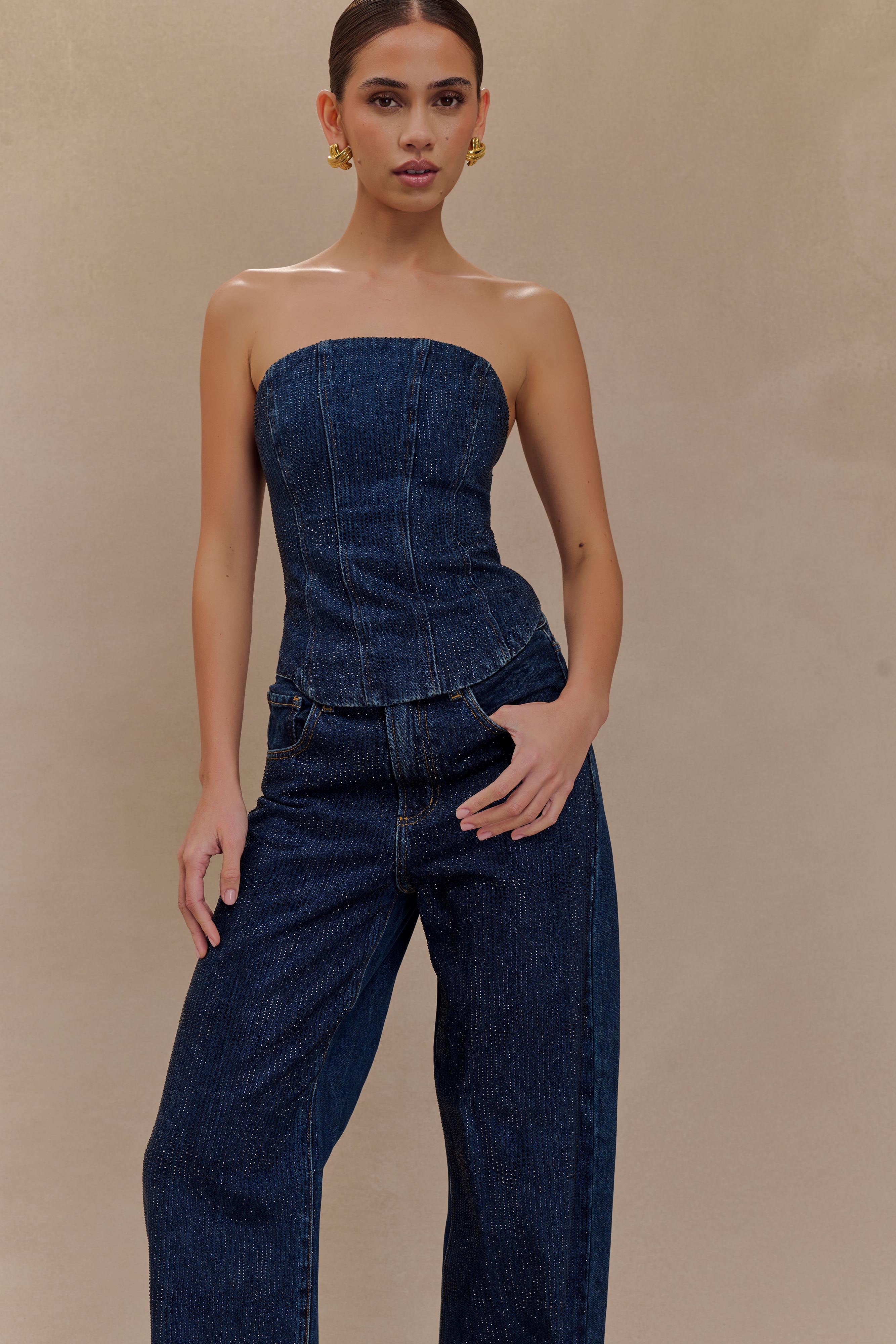 Strapless Diamante Denim Corset - Midnight Blue