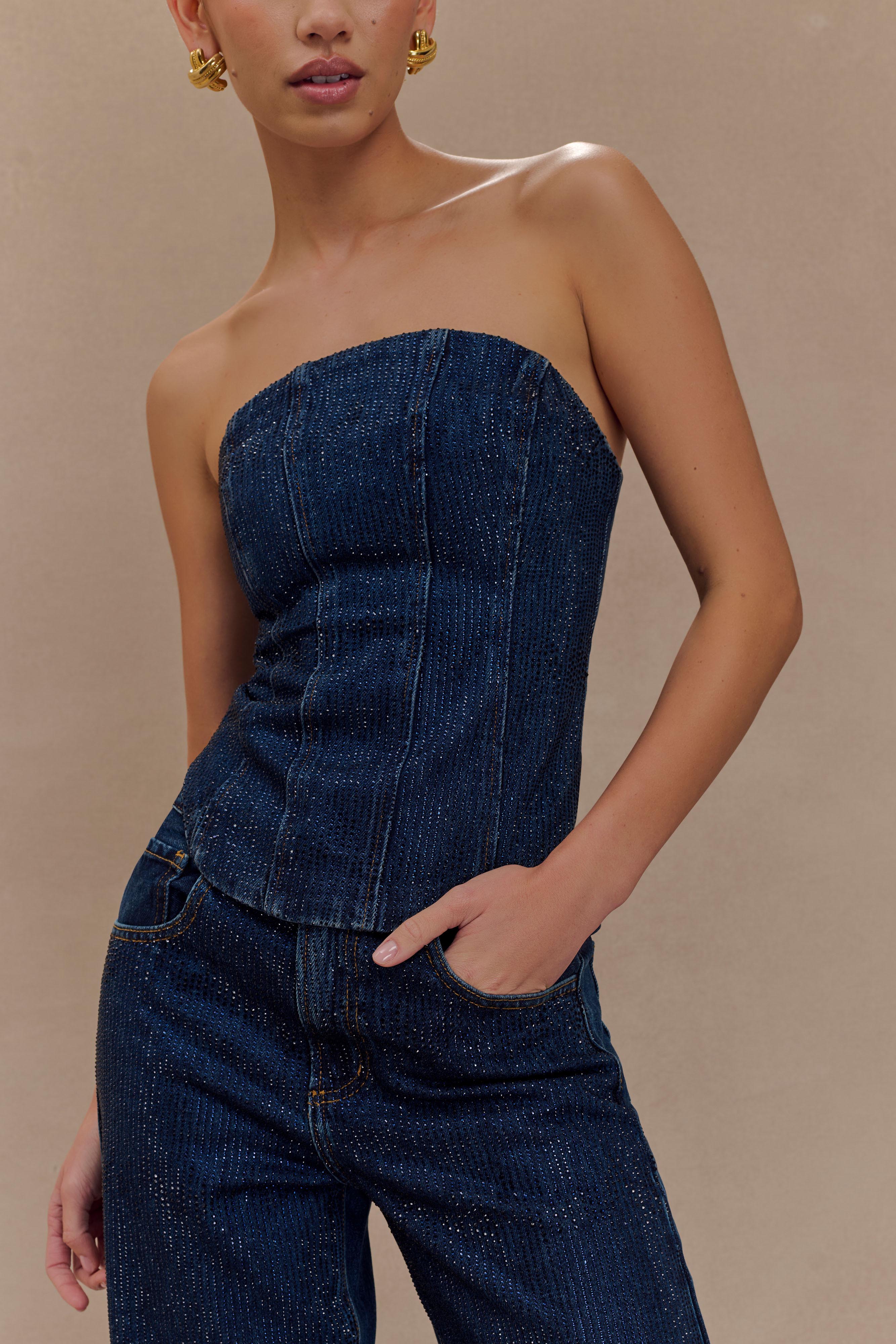 Strapless Diamante Denim Corset - Midnight Blue