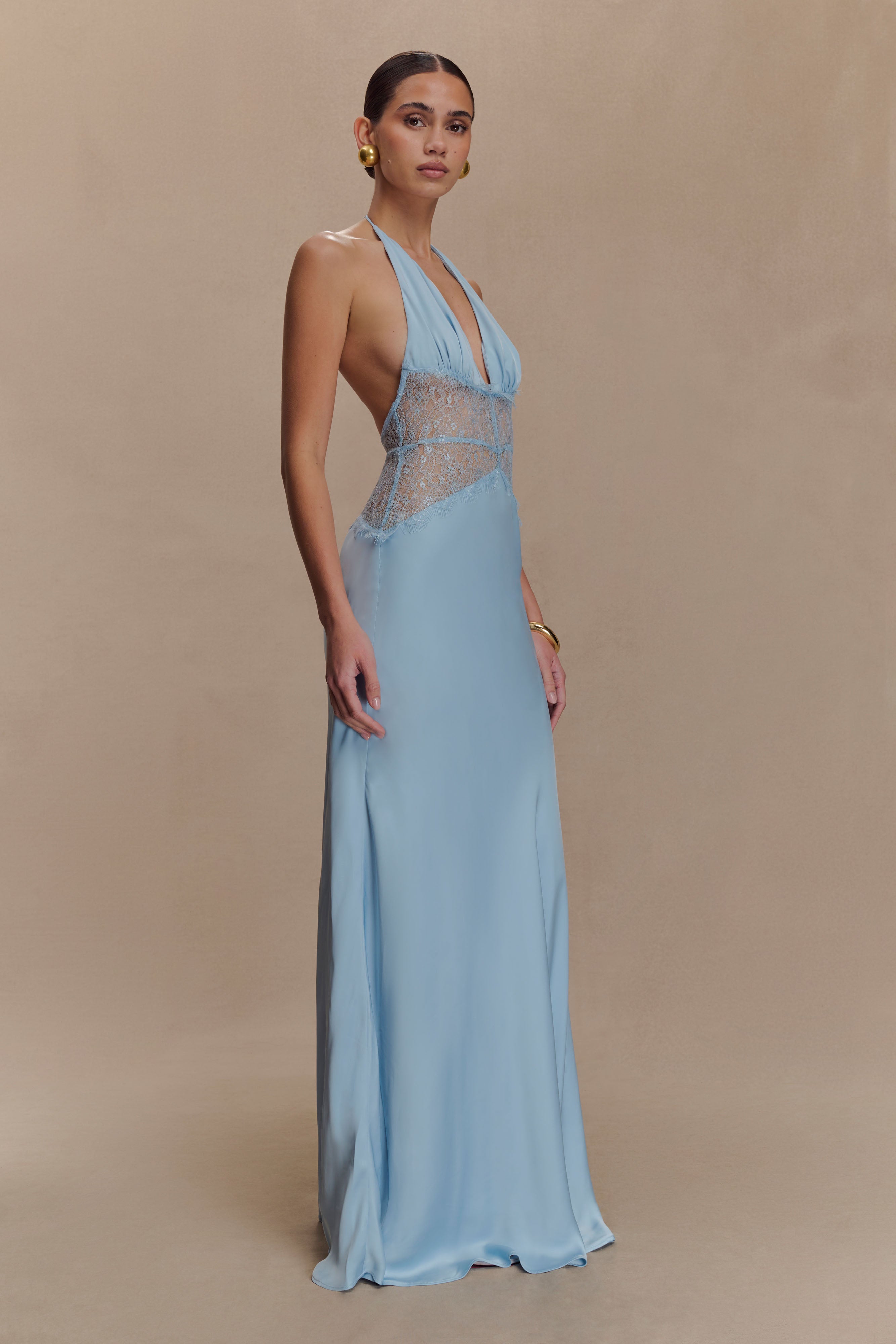 Lace And Satin Maxi Dress - Cornflower Blue