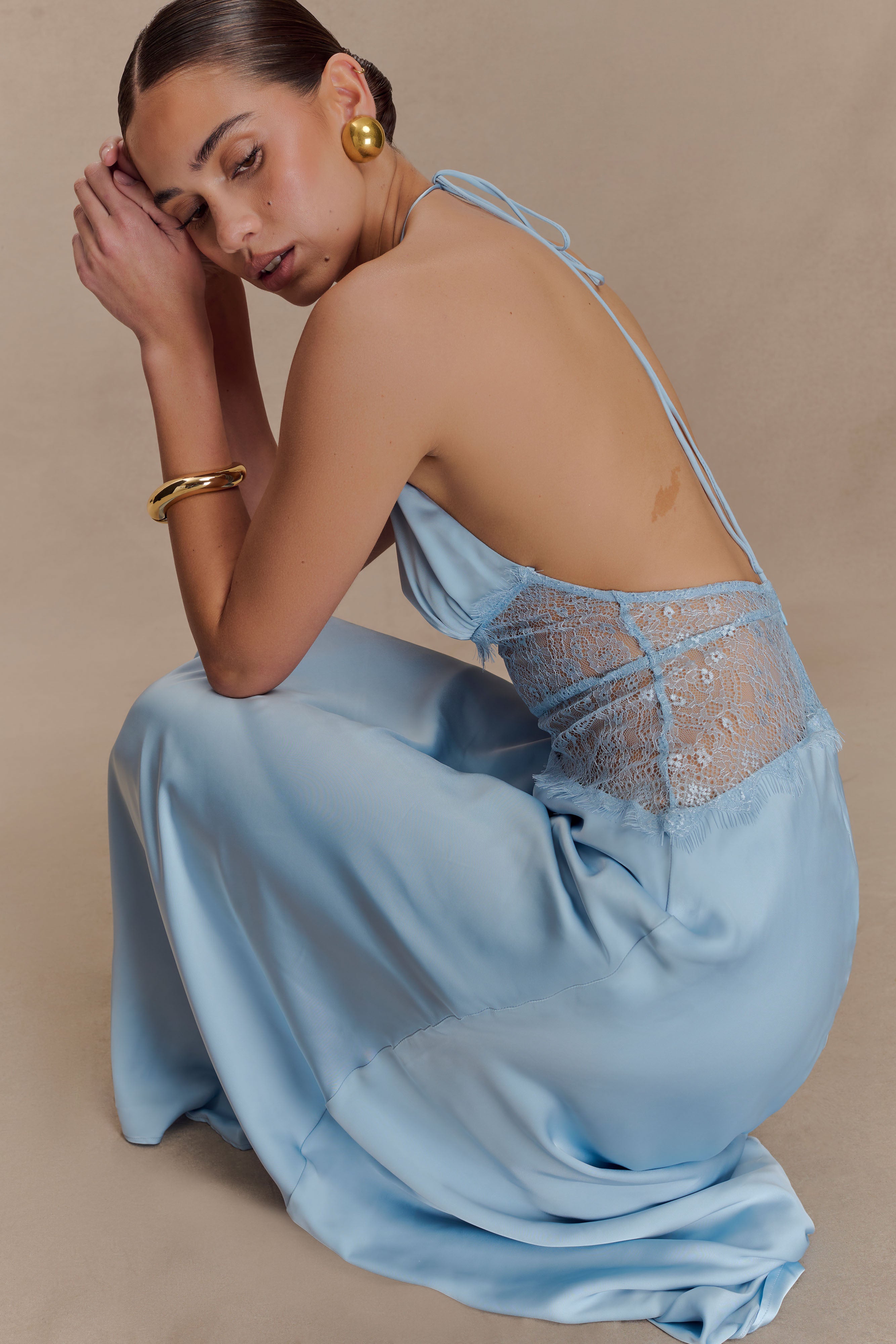 Lace And Satin Maxi Dress - Cornflower Blue