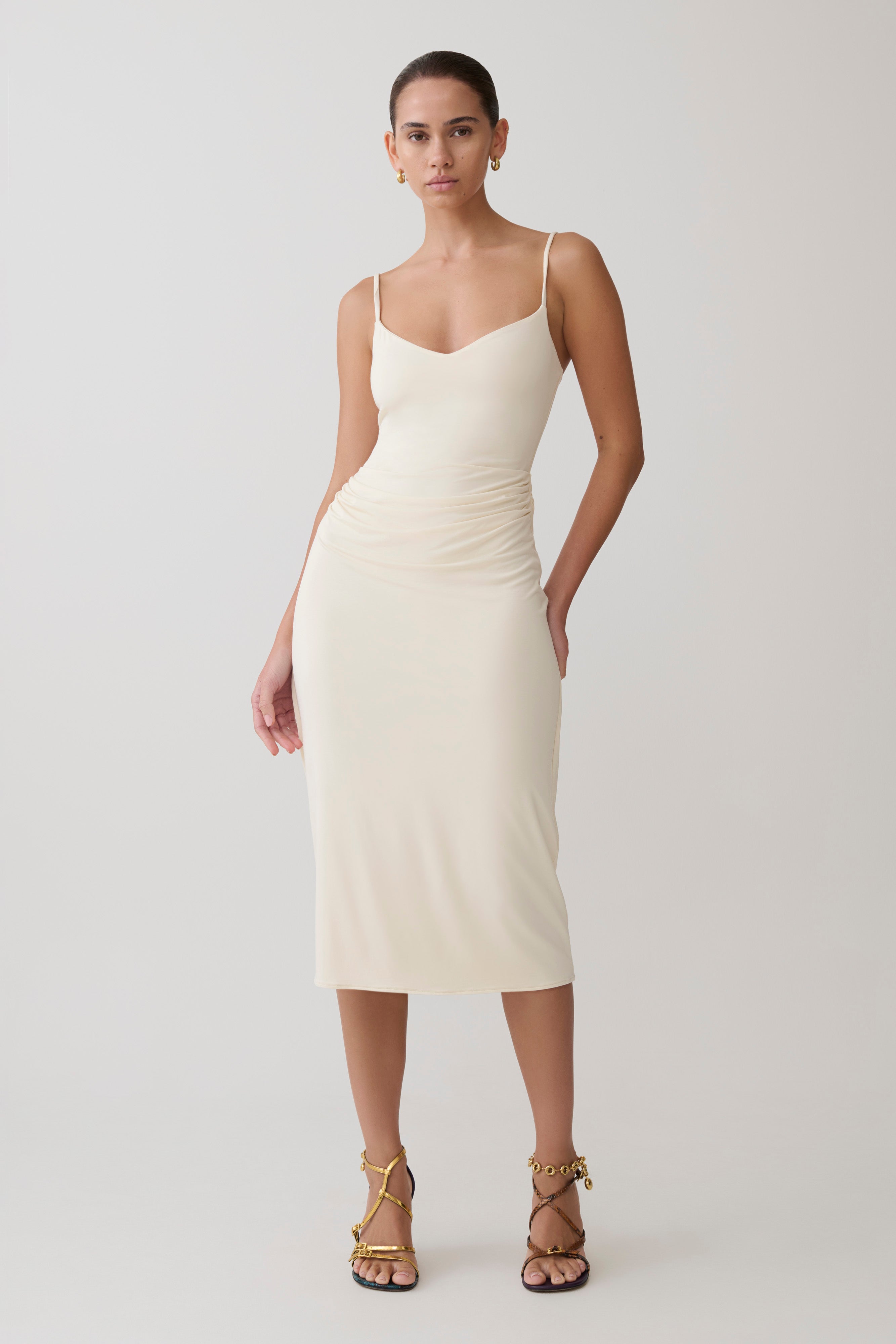 Gathered Jersey Midi Dress - Ivory