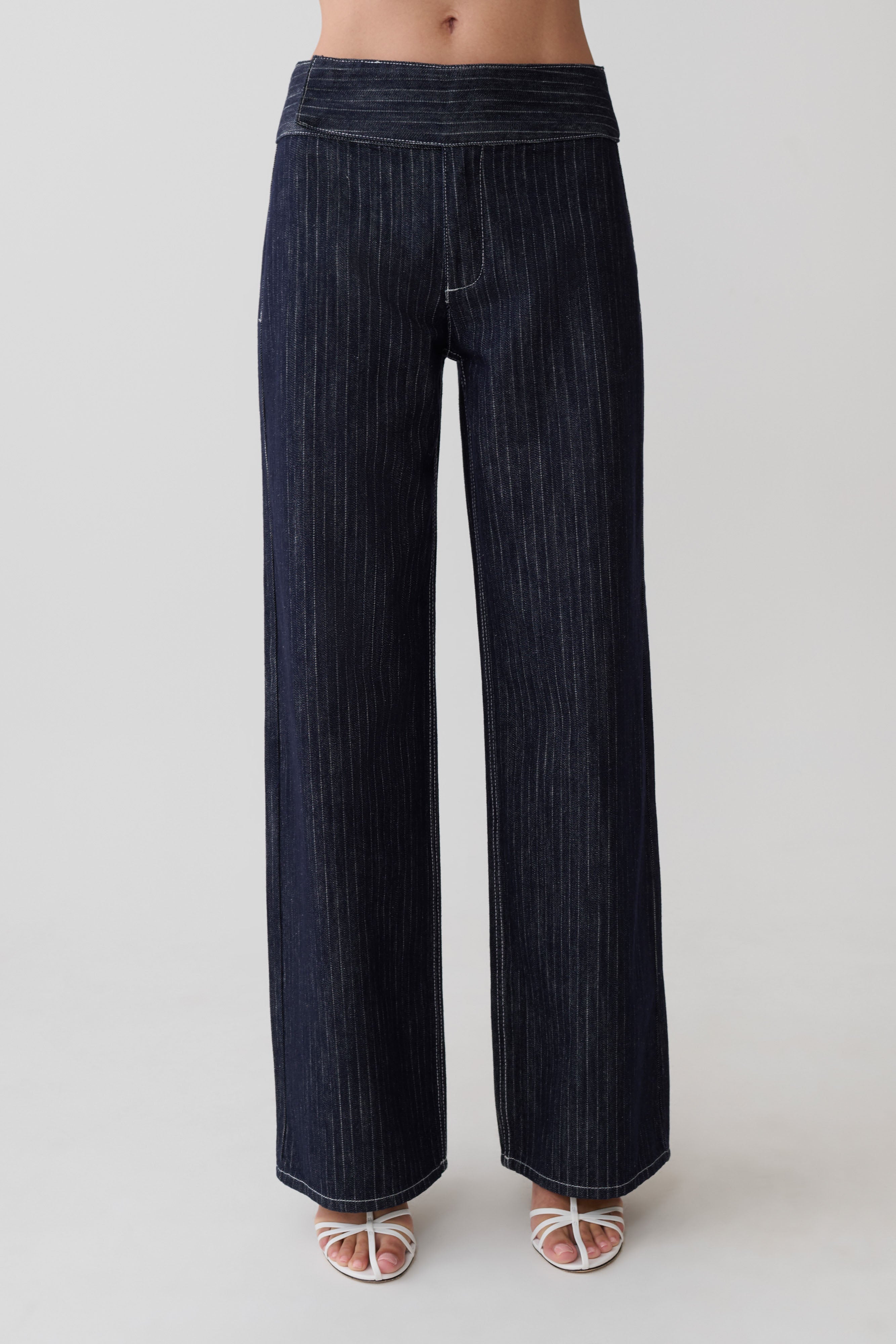 Flare Mid Rise Denim Jeans - Indigo Pinstripe