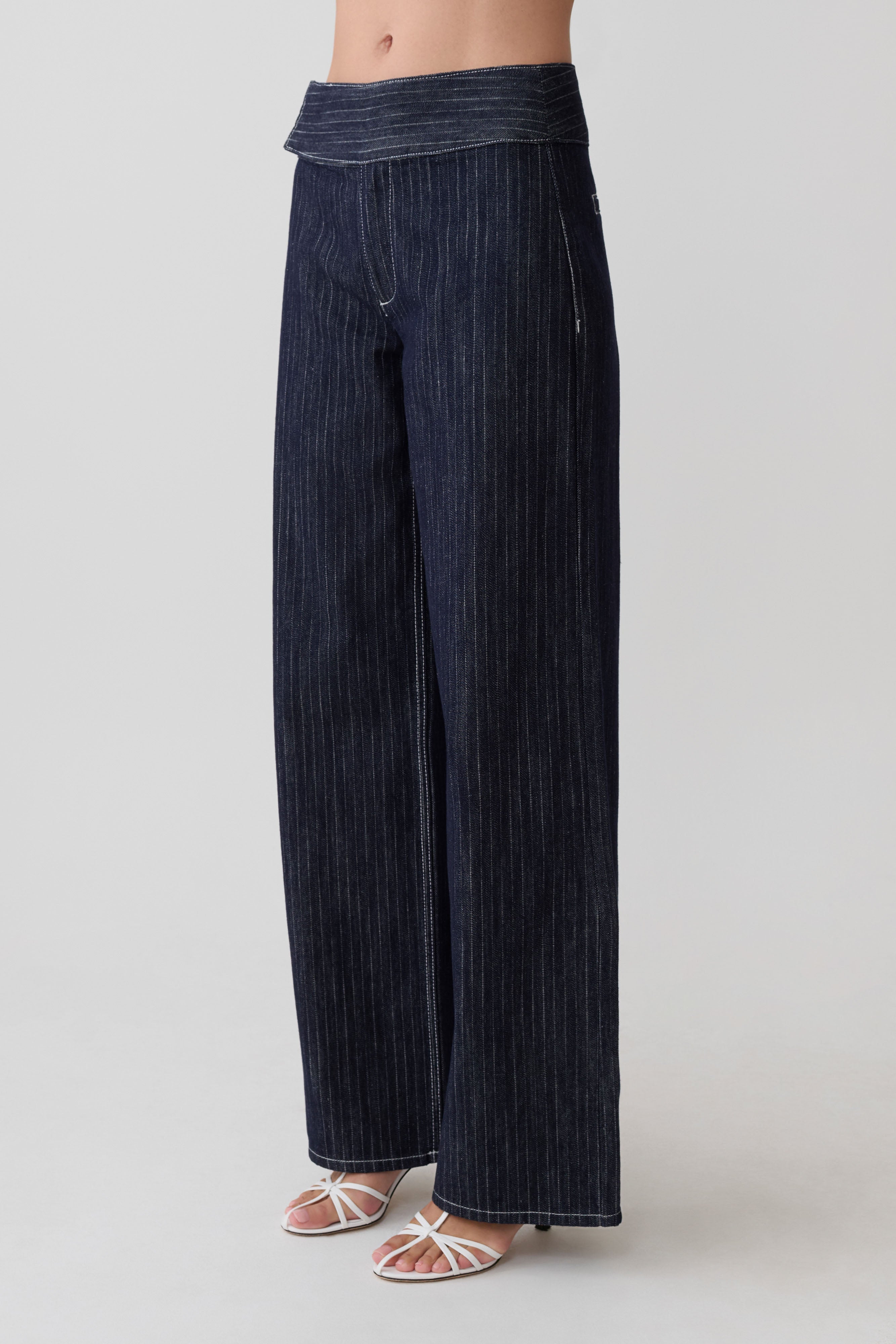 Flare Mid Rise Denim Jeans - Indigo Pinstripe