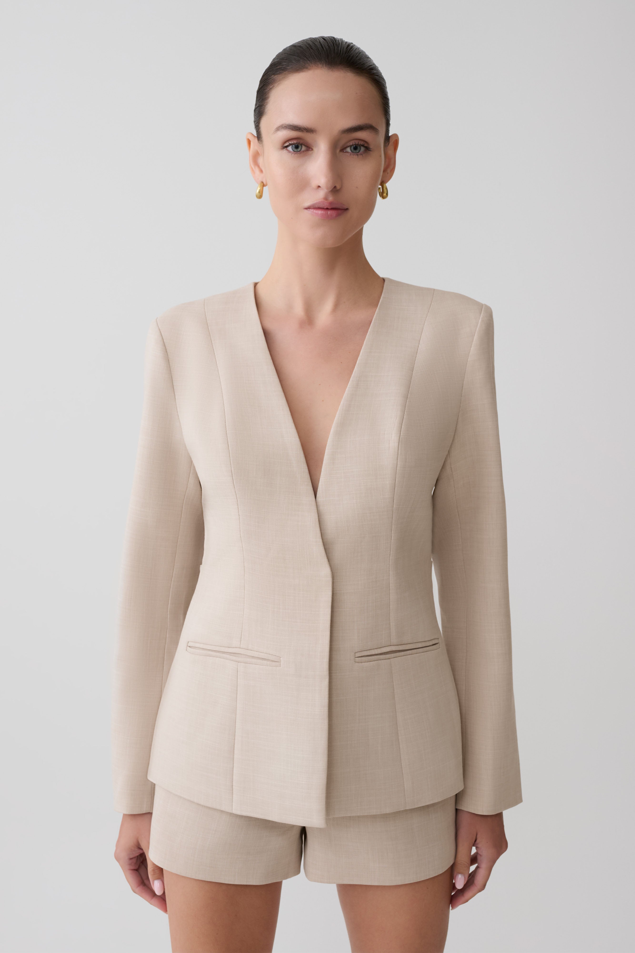 Collarless Suiting Blazer - Natural Marle