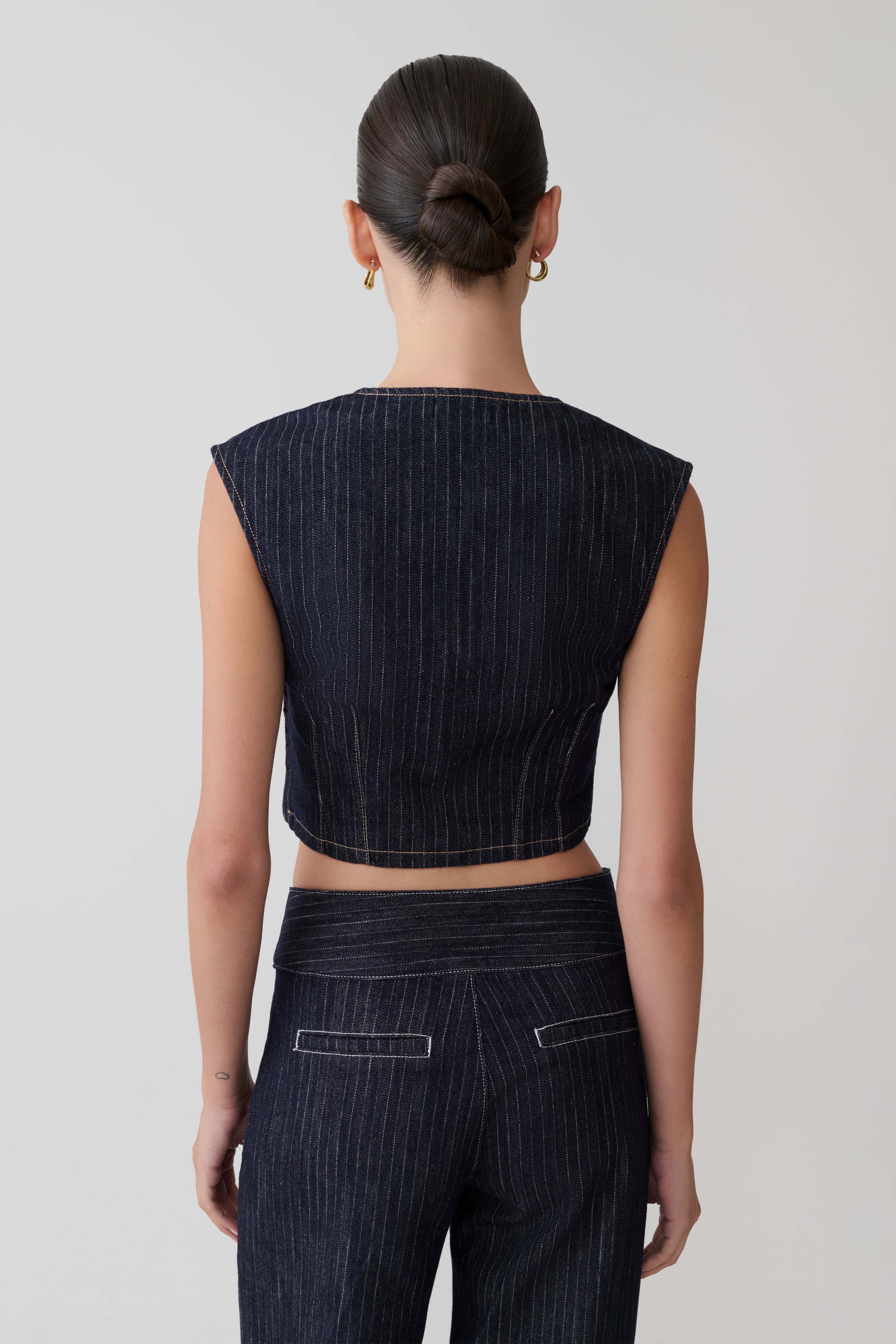 Sleeveless Denim Top - Indigo Pinstripe