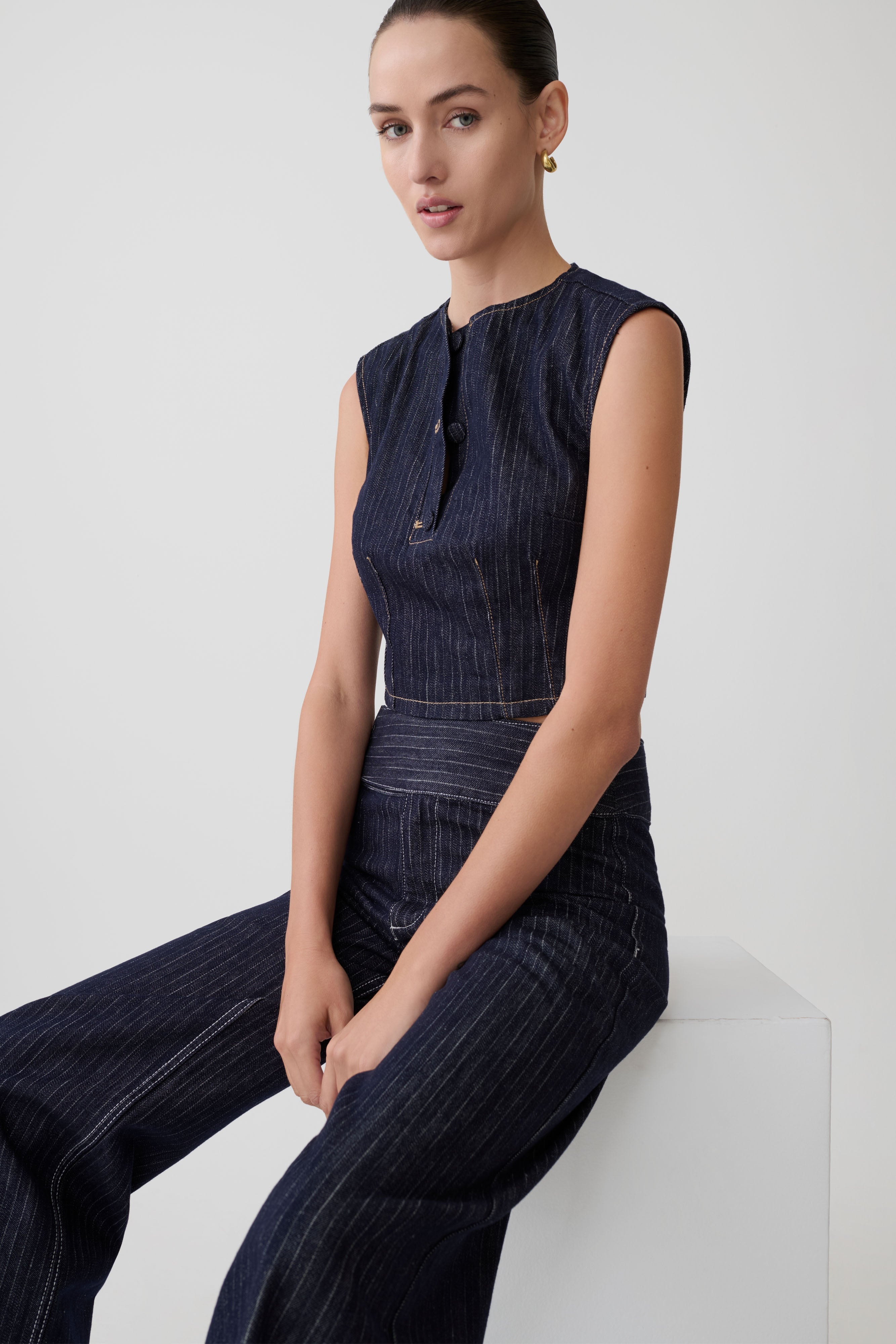 Sleeveless Denim Top - Indigo Pinstripe