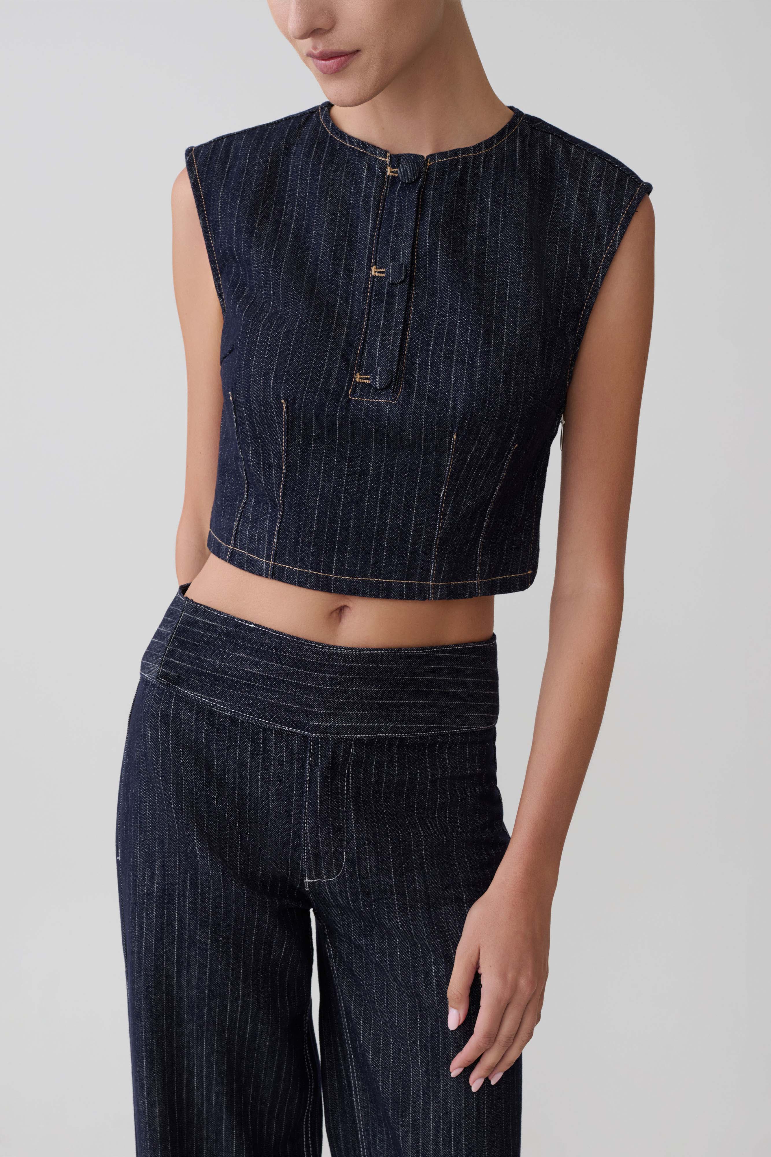 Sleeveless Denim Top - Indigo Pinstripe