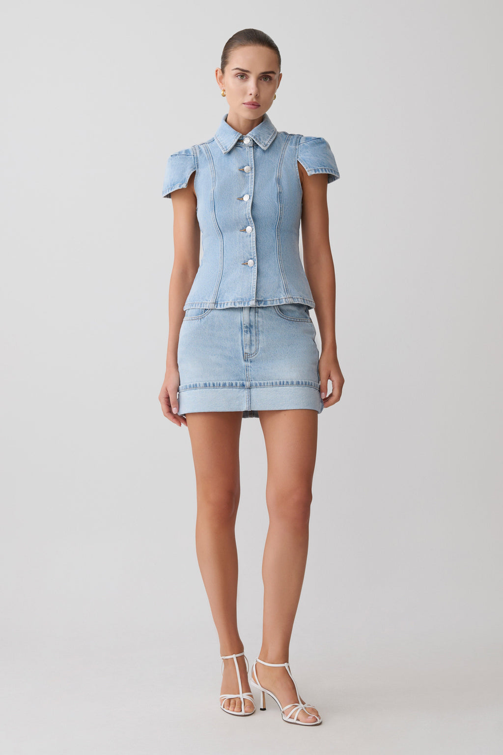 Short Sleeve Denim Top - Washed Light Blue