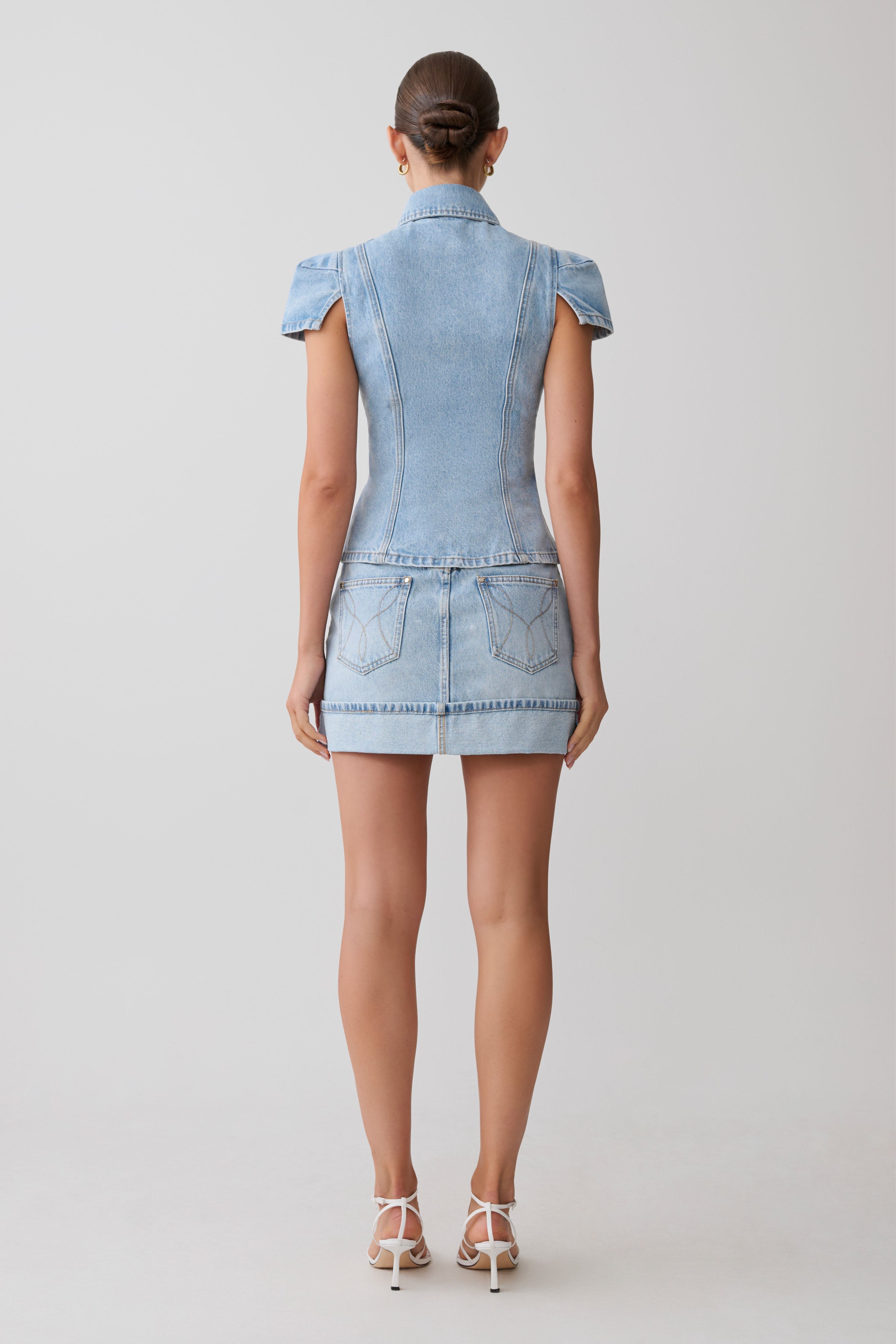 Short Sleeve Denim Top - Washed Light Blue