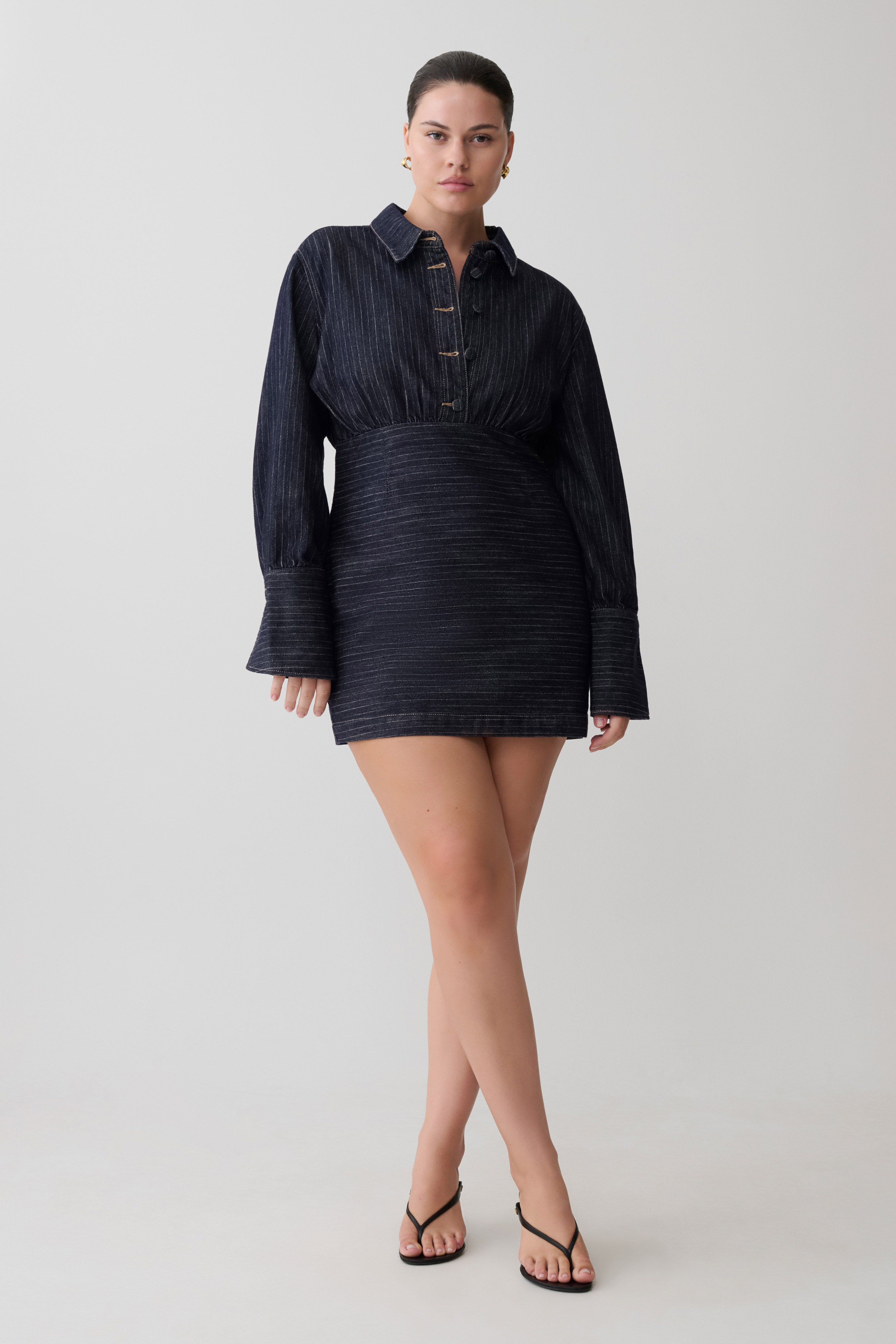 Denim Long Sleeve Mini Dress - Indigo Pinstripe