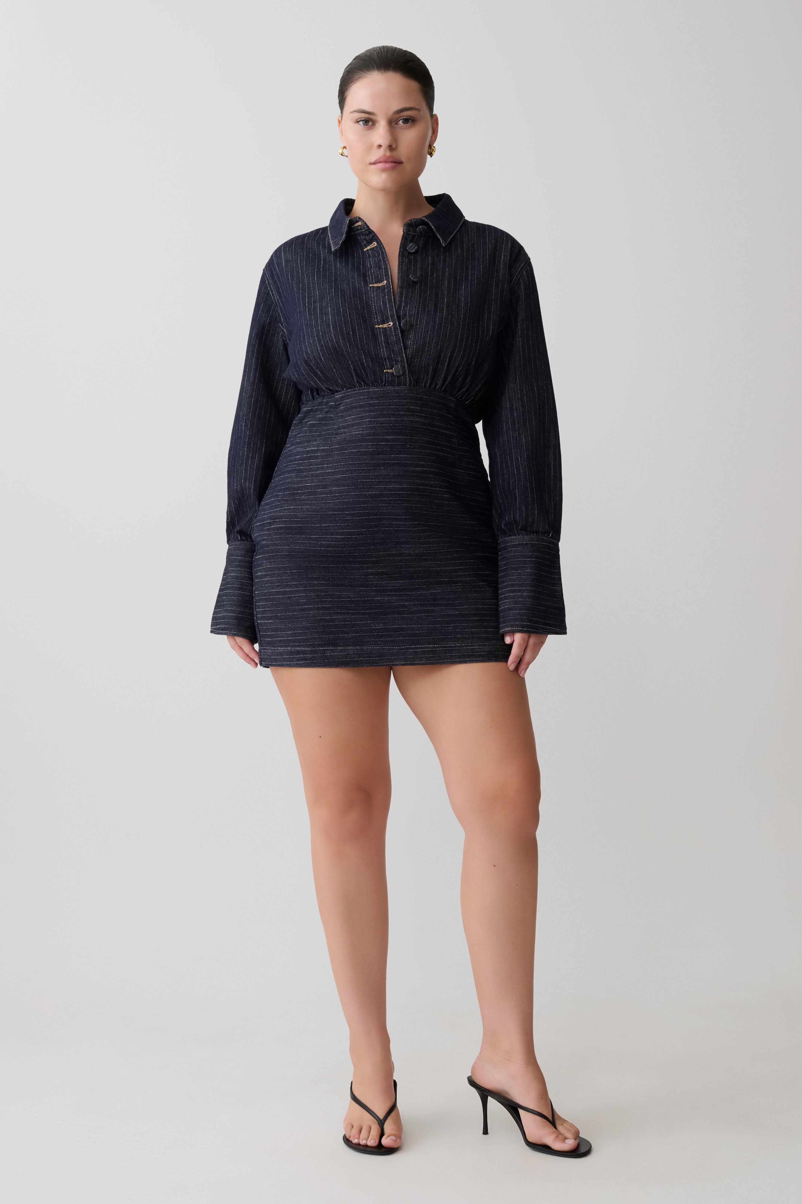 Denim Long Sleeve Mini Dress - Indigo Pinstripe
