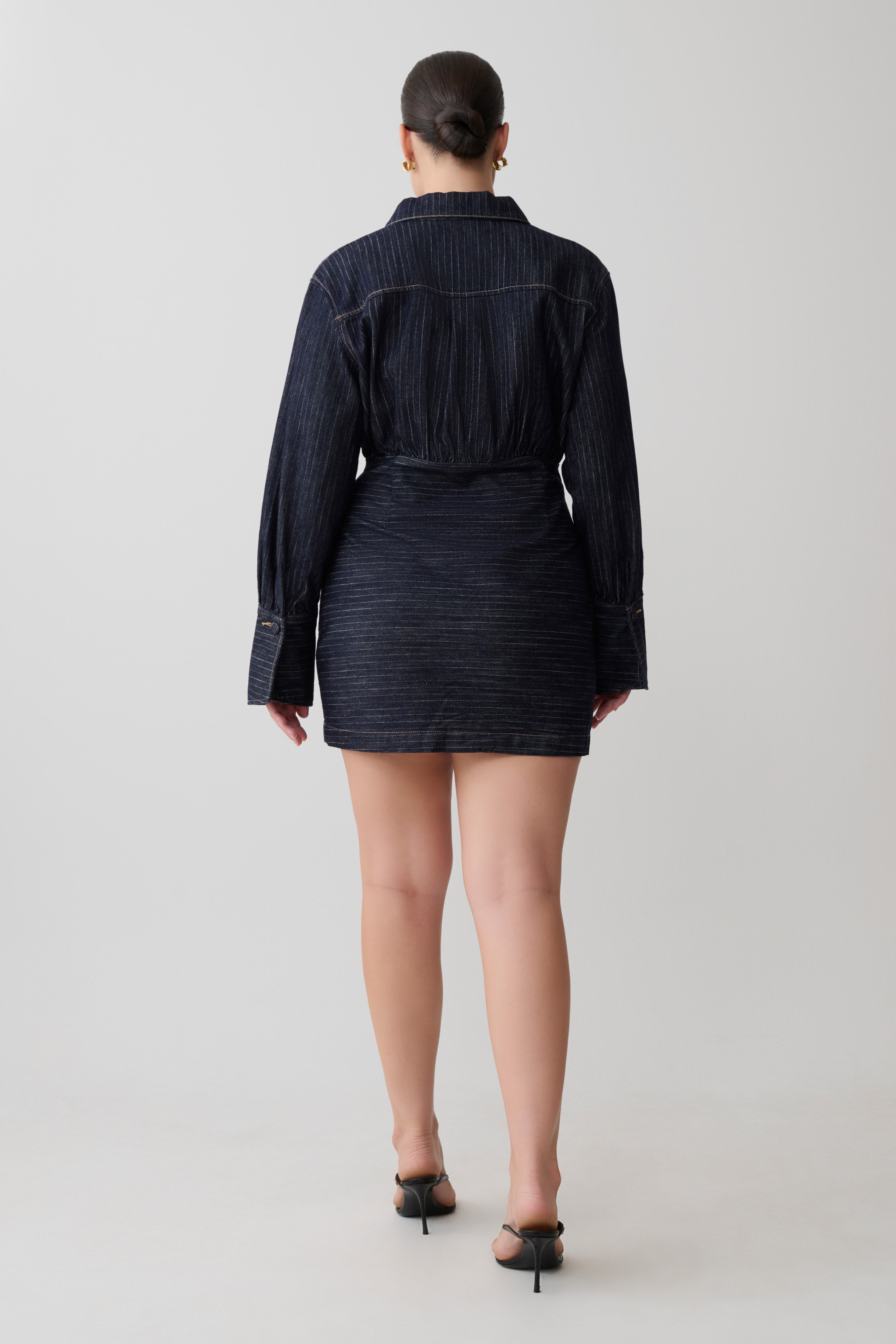 Denim Long Sleeve Mini Dress - Indigo Pinstripe
