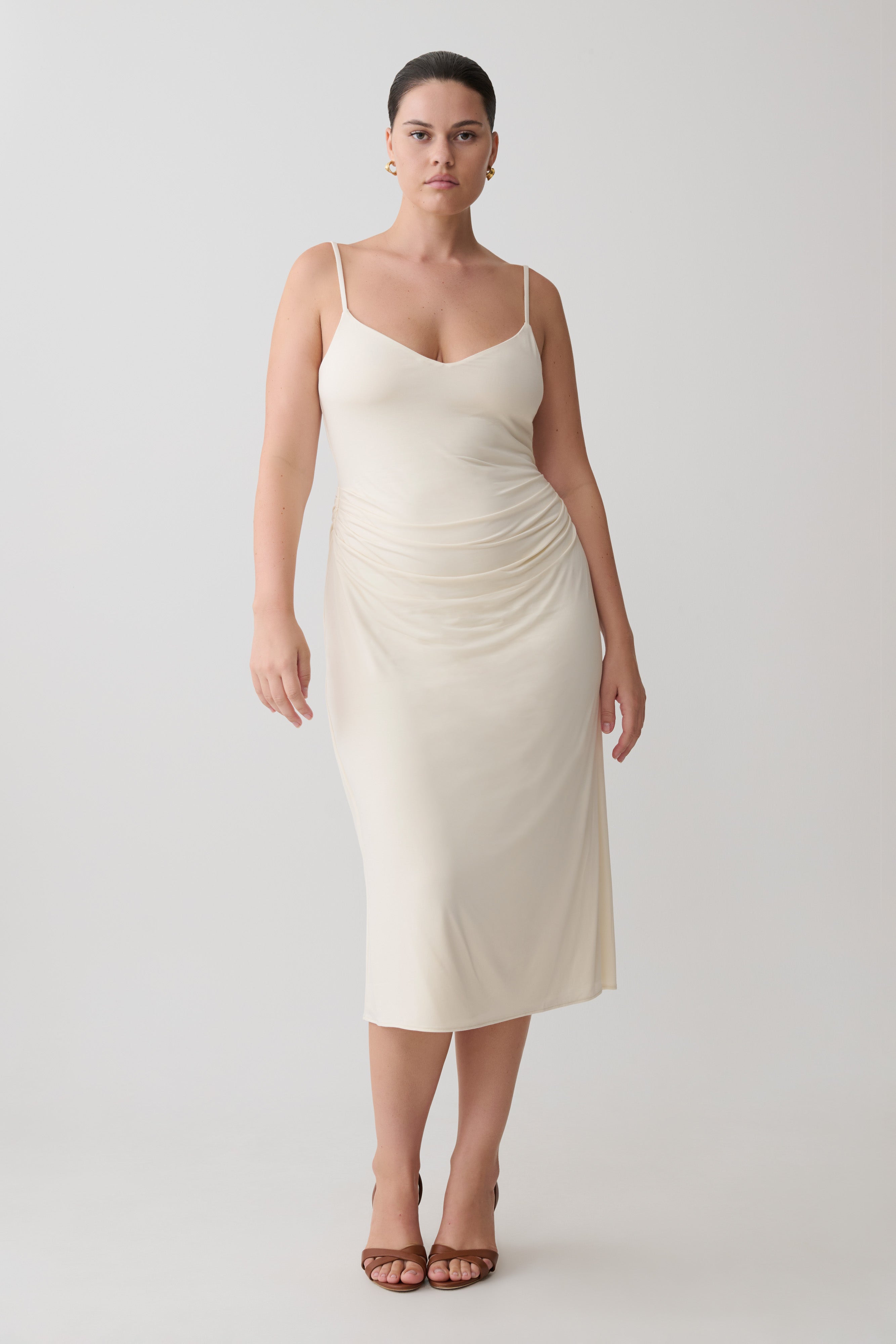 Gathered Jersey Midi Dress - Ivory
