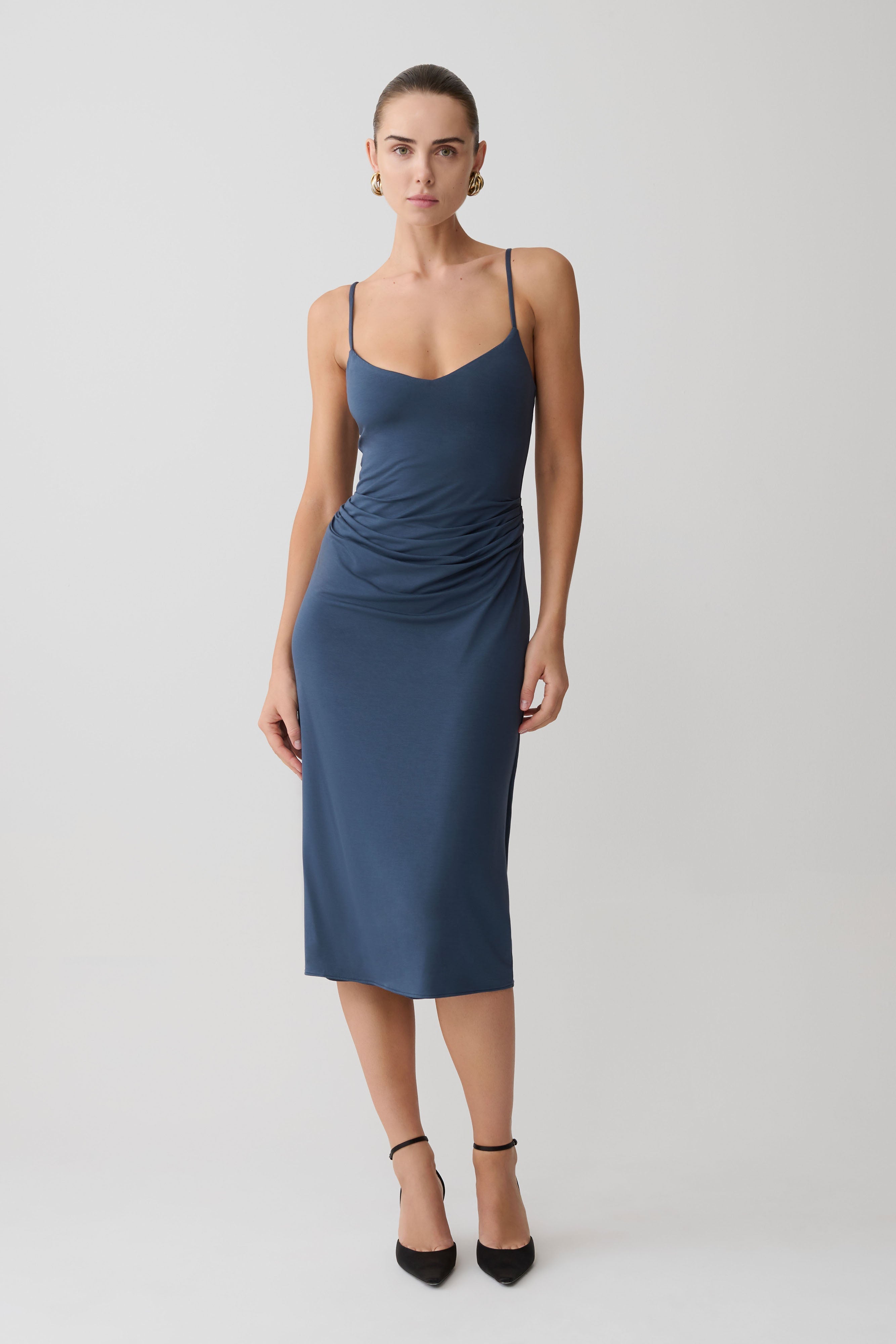 Gathered Jersey Midi Dress - Ink Blue