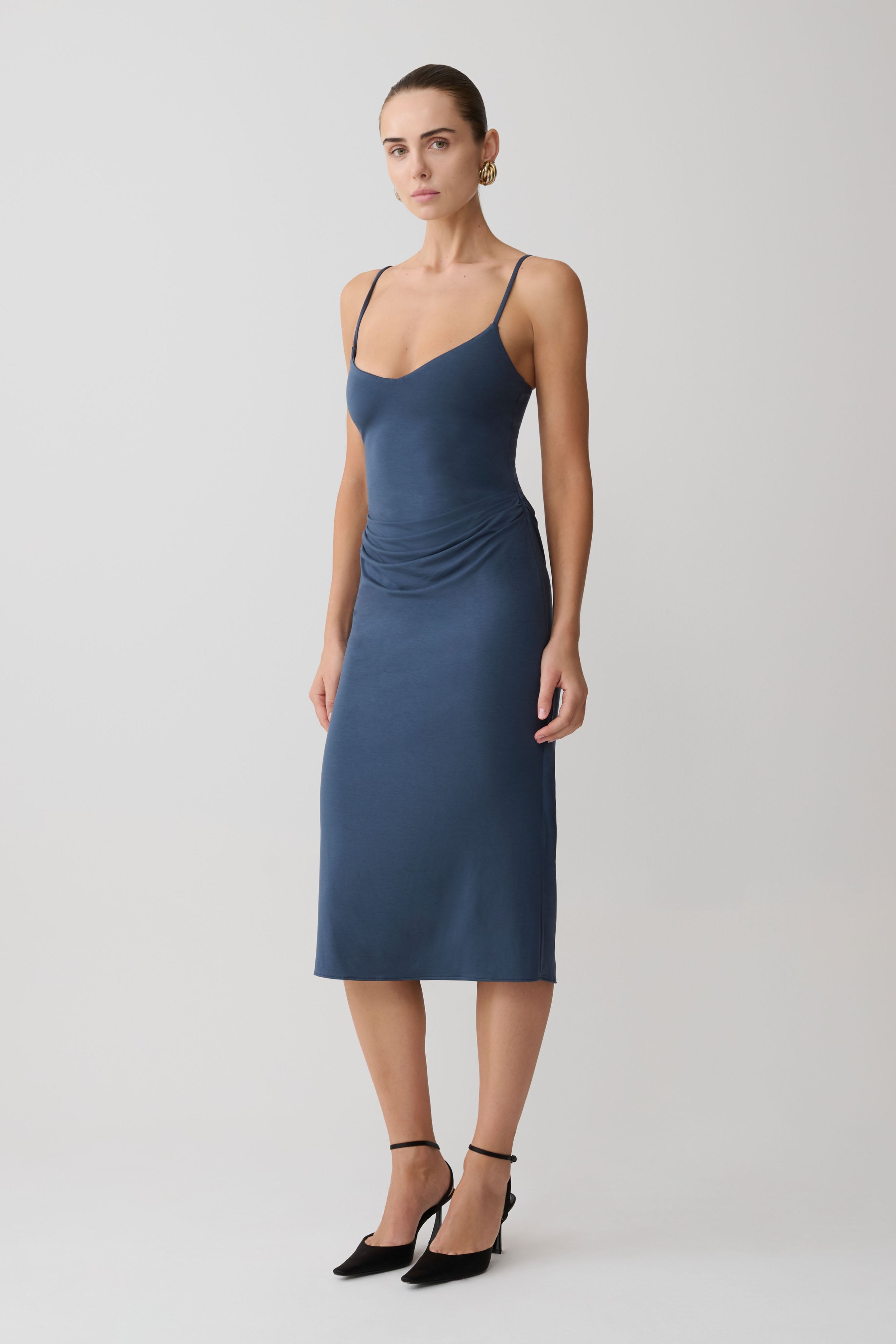 Gathered Jersey Midi Dress - Ink Blue
