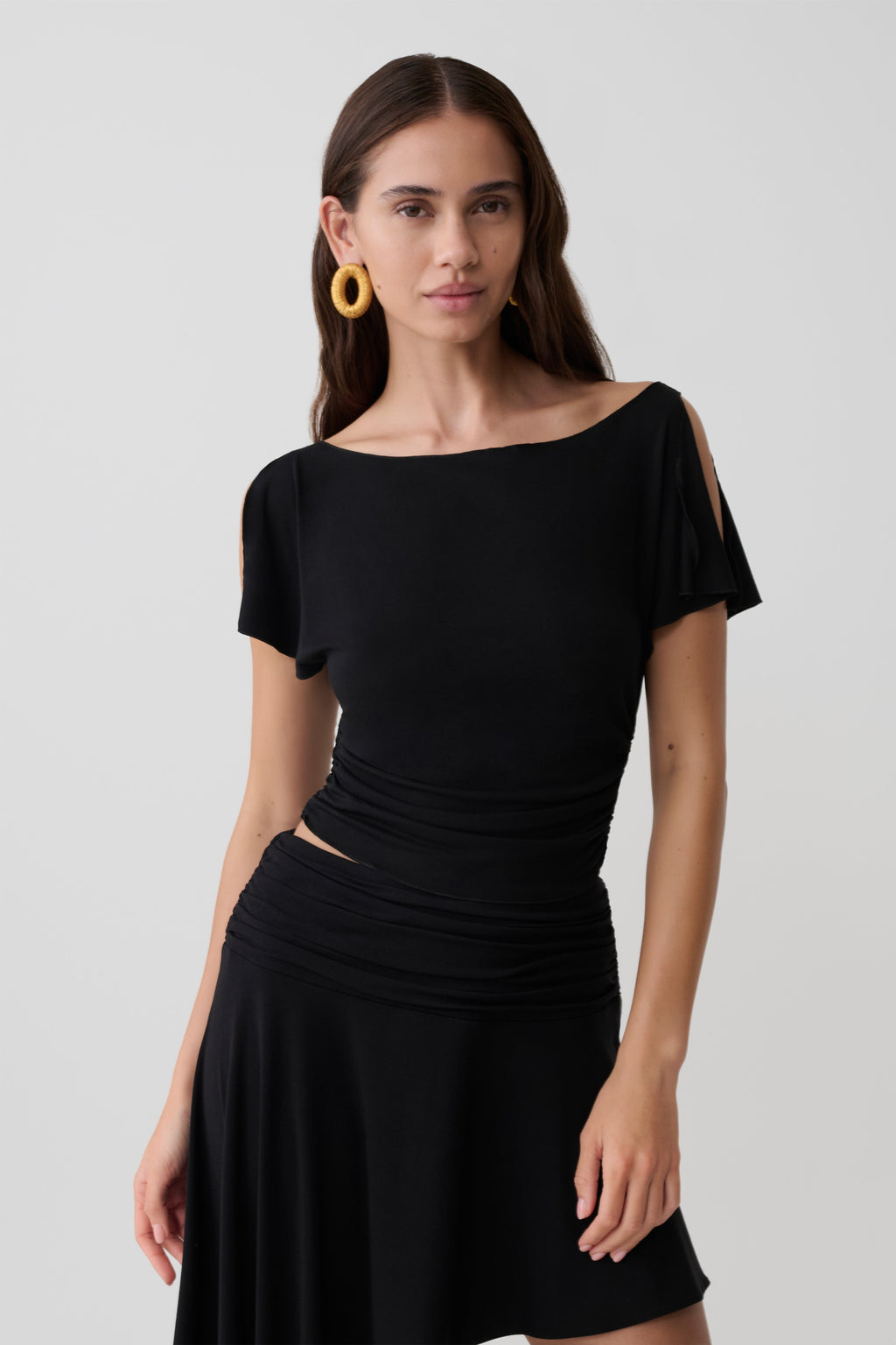 Modal Flounce Short Sleeve Top - Black
