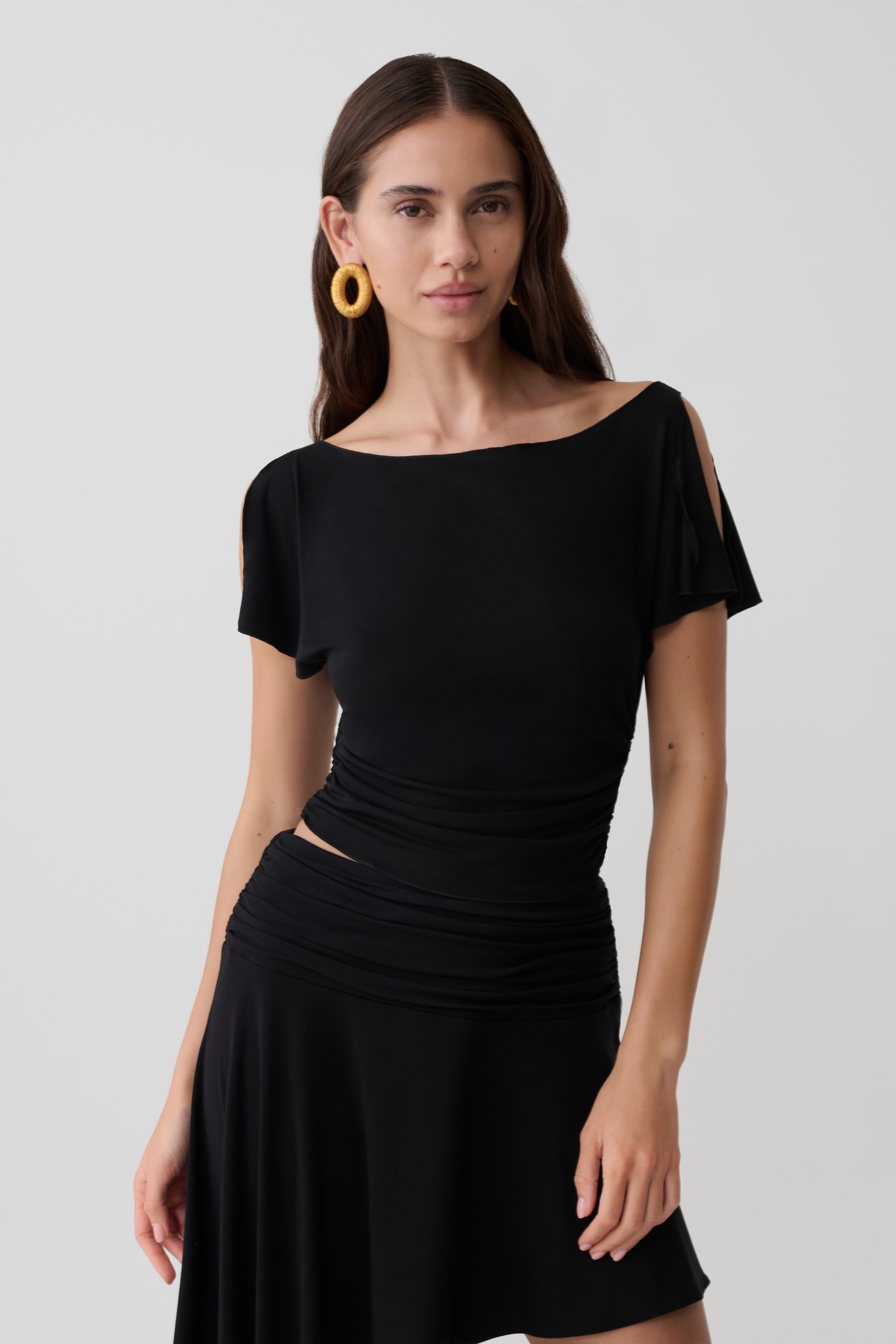 Modal Flounce Short Sleeve Top - Black
