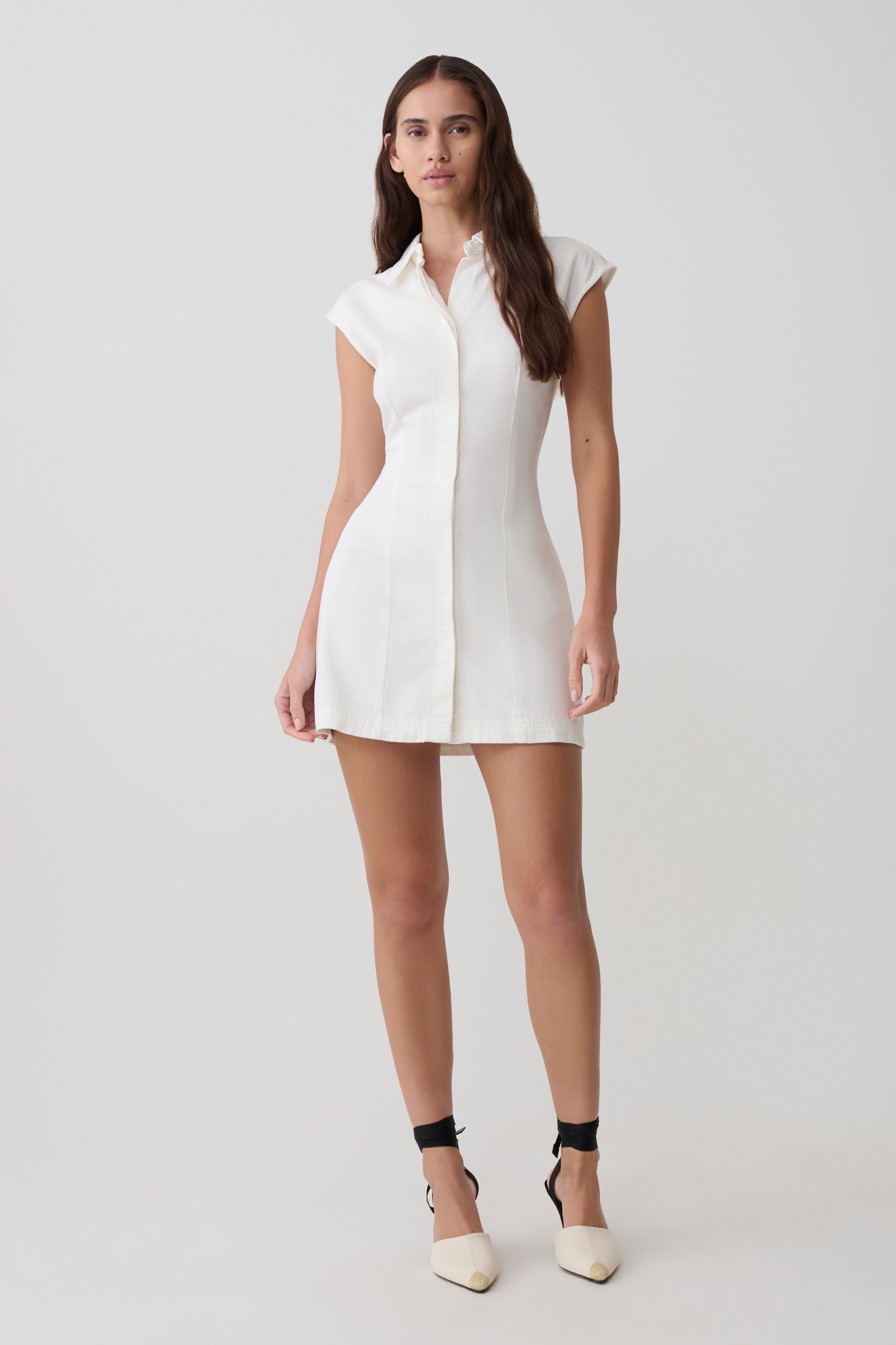Collared Mini Denim Dress - White