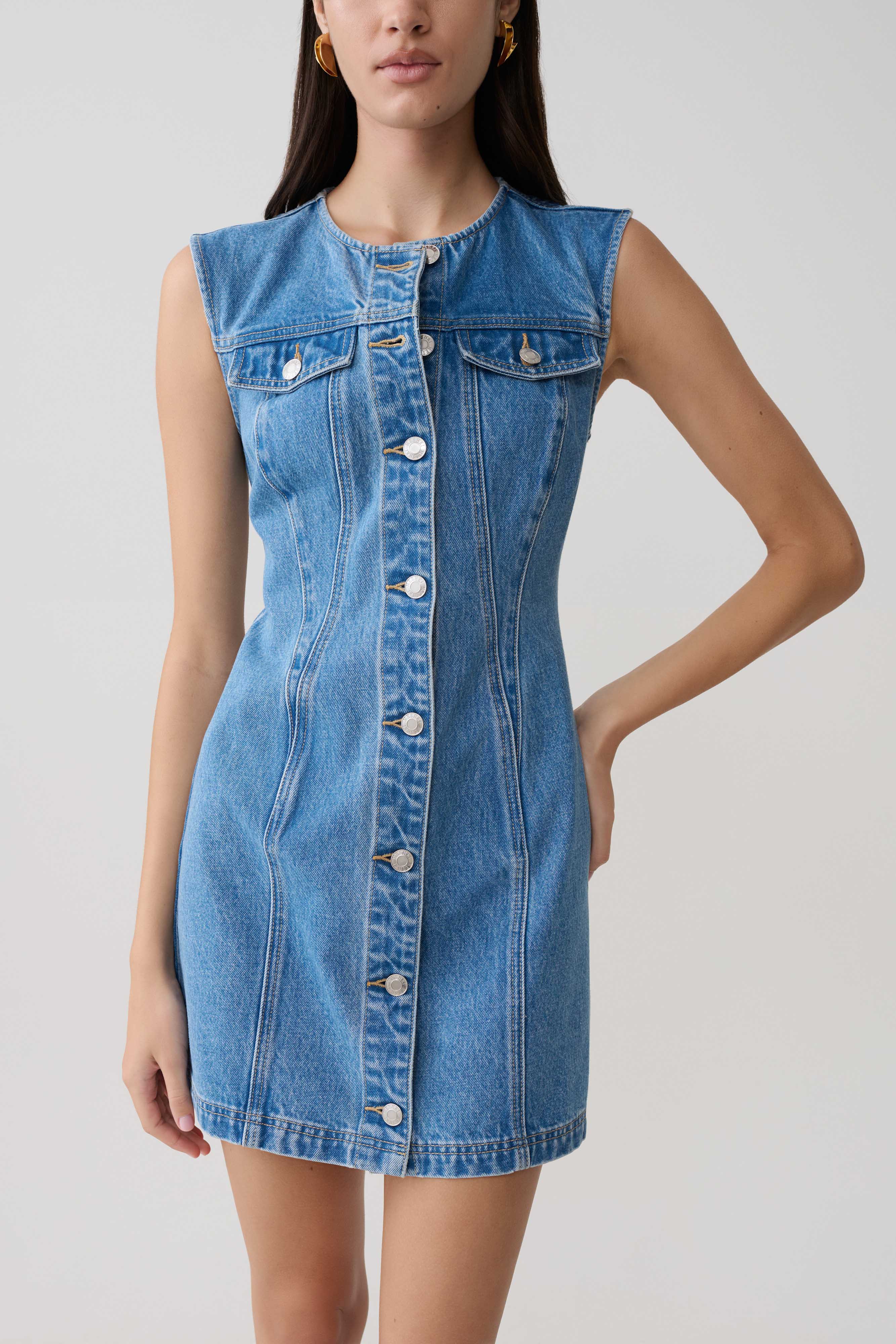 Button Front Denim Mini Dress - Summer Blue