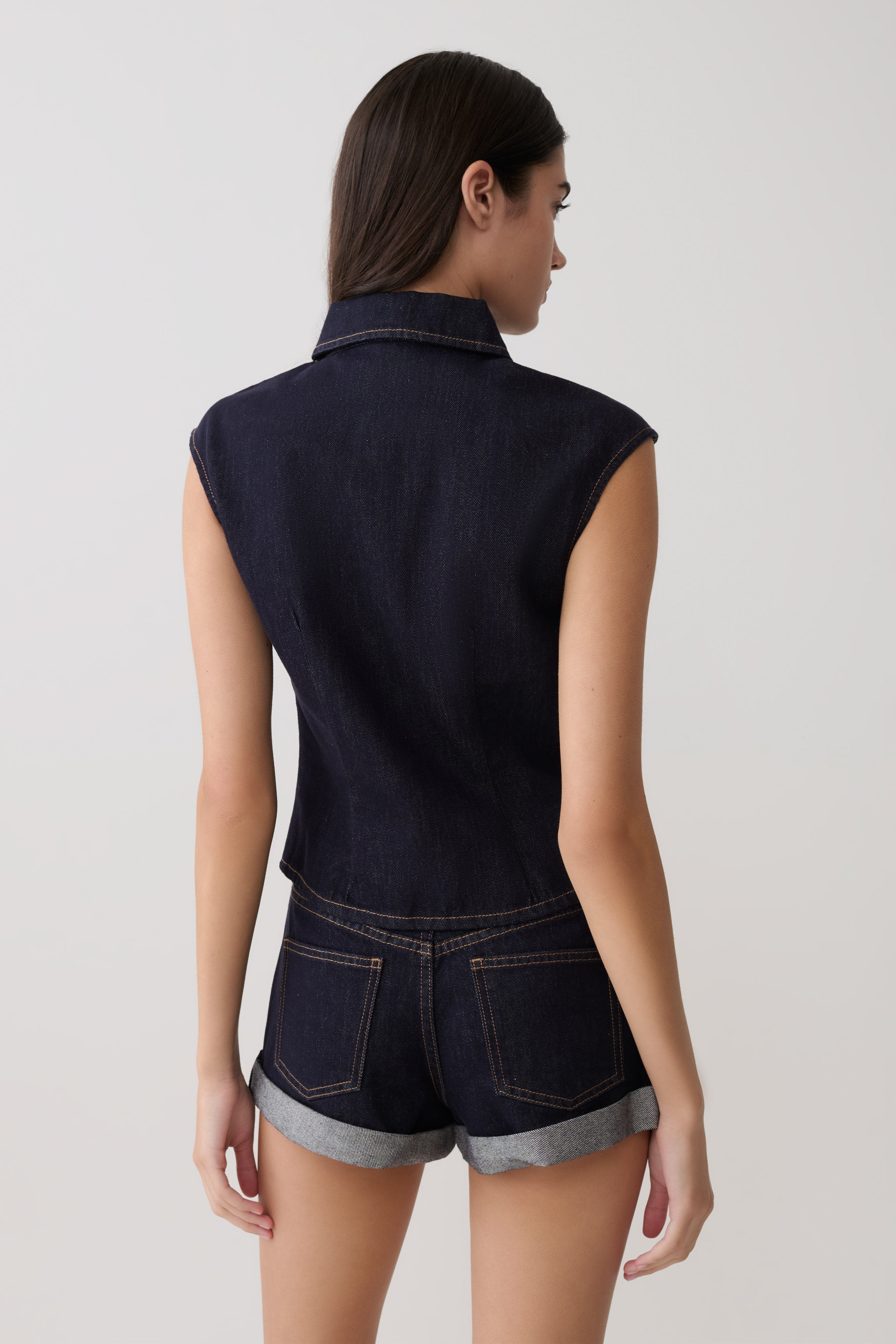 Collared Denim Longline Top - Washed Indigo Blue