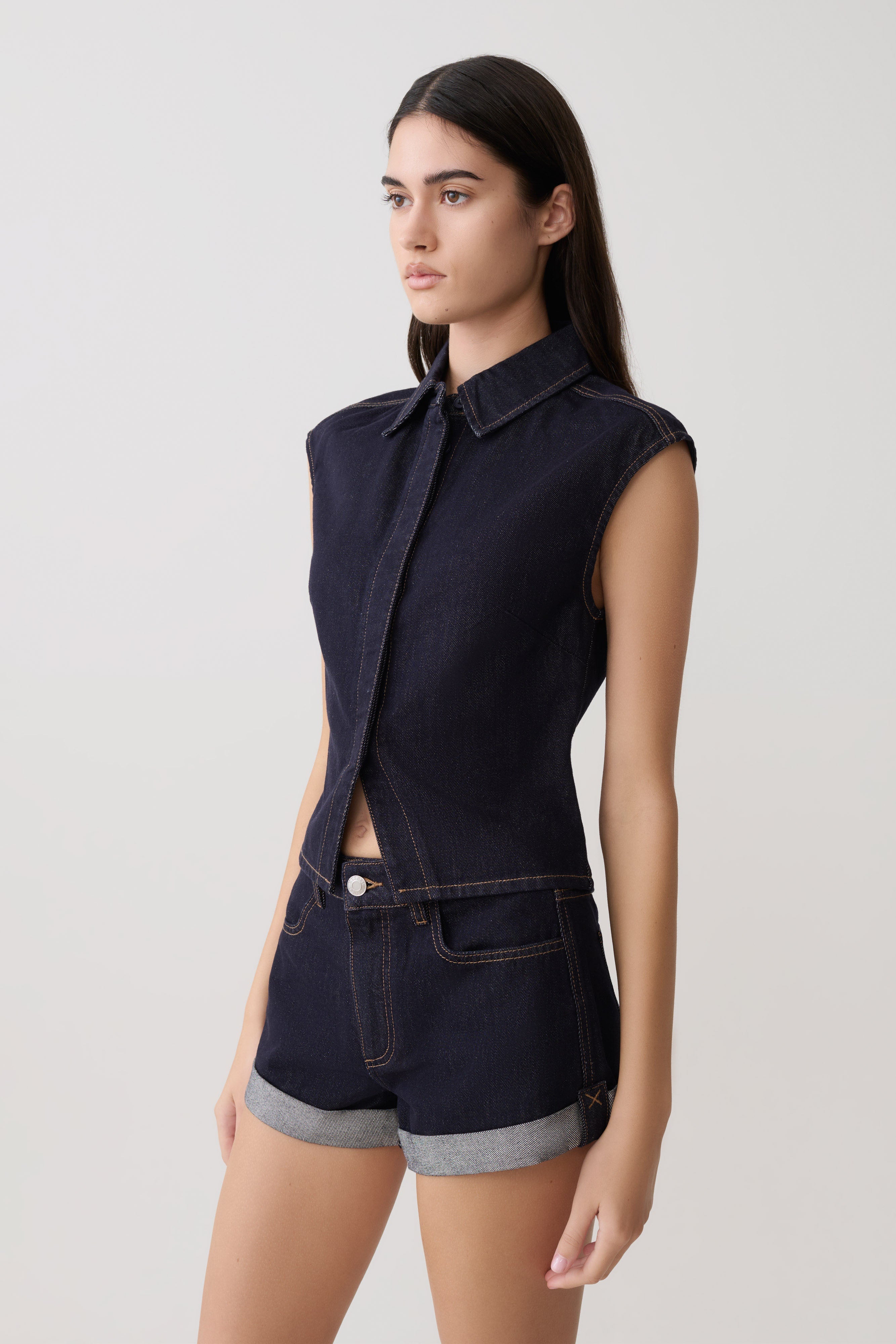 Collared Denim Longline Top - Washed Indigo Blue
