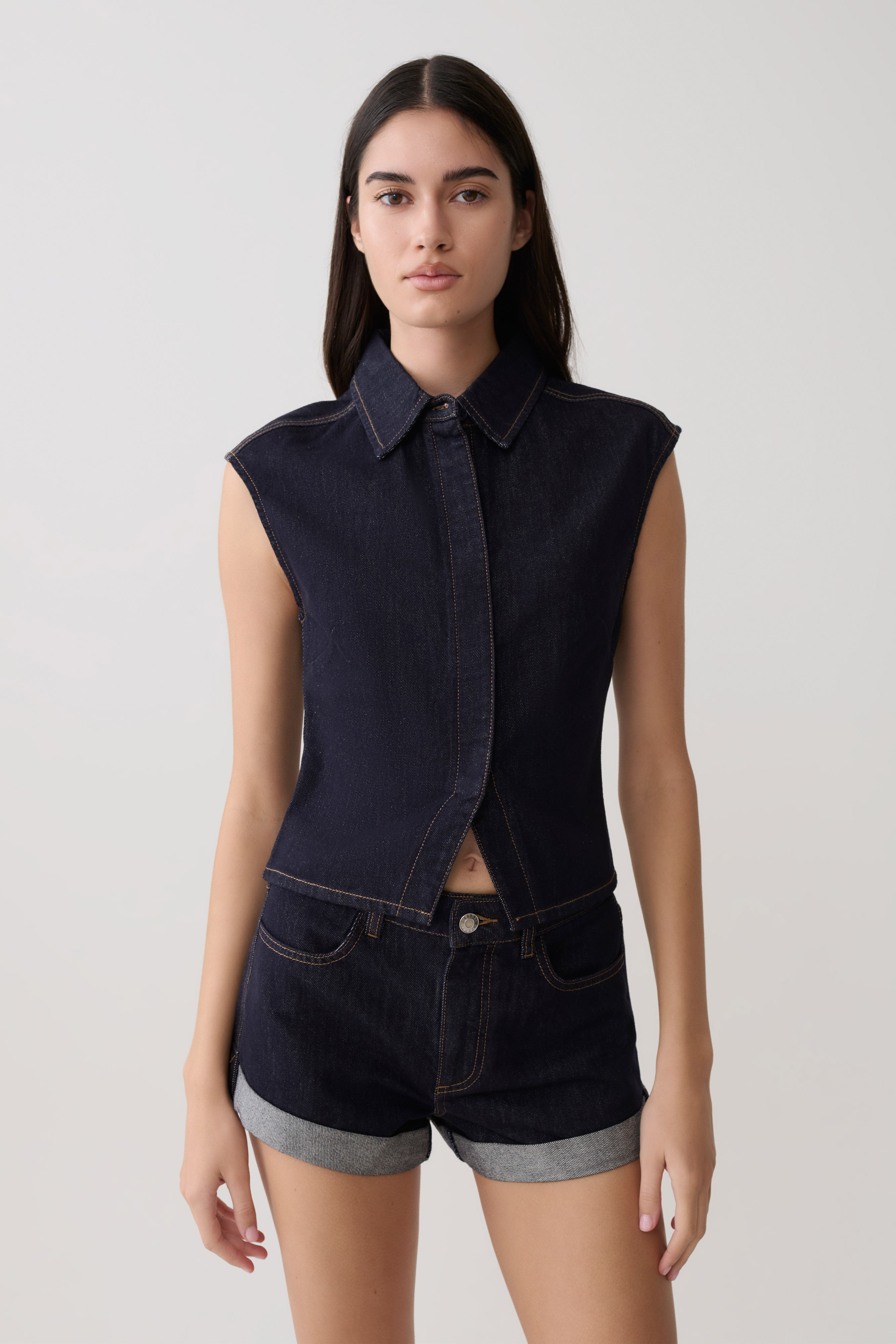 Collared Denim Longline Top - Washed Indigo Blue